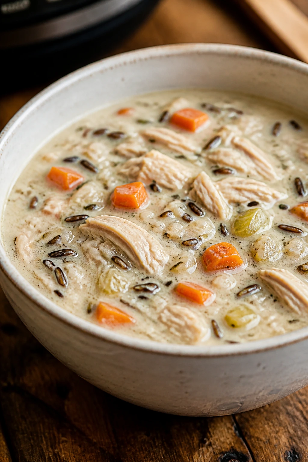Creamy chicken and wild rice soup with vegetables in a bowl