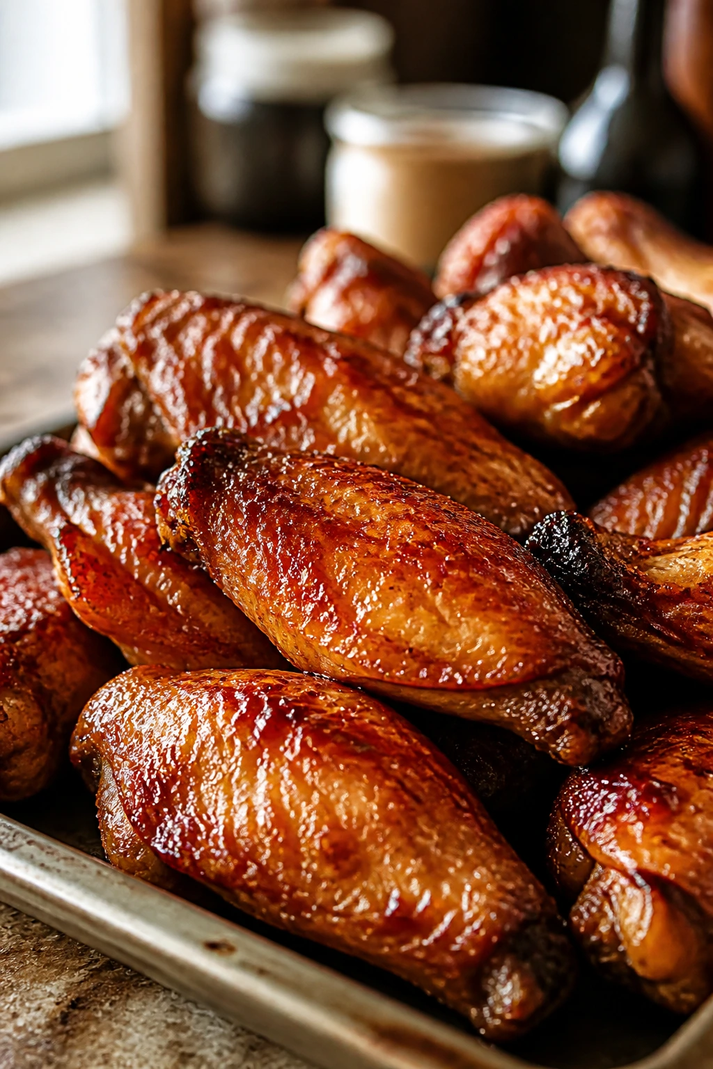 Crispy soy-ginger chicken wings on a tray with glossy glaze