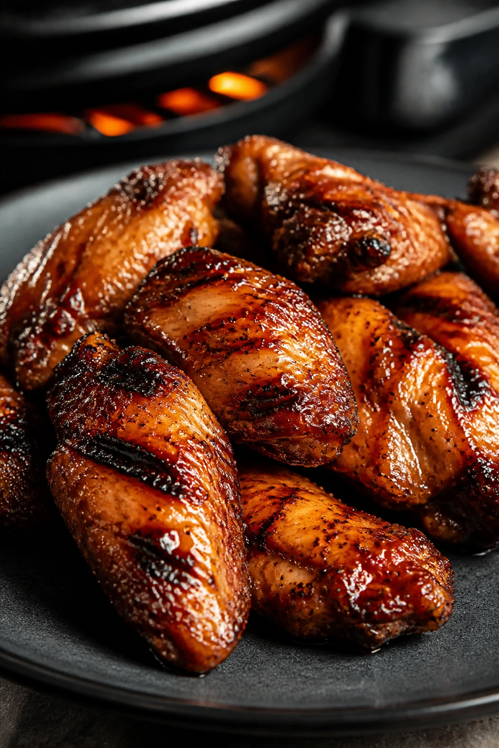 Glazed chicken wings with honey soy glaze on a dark plate