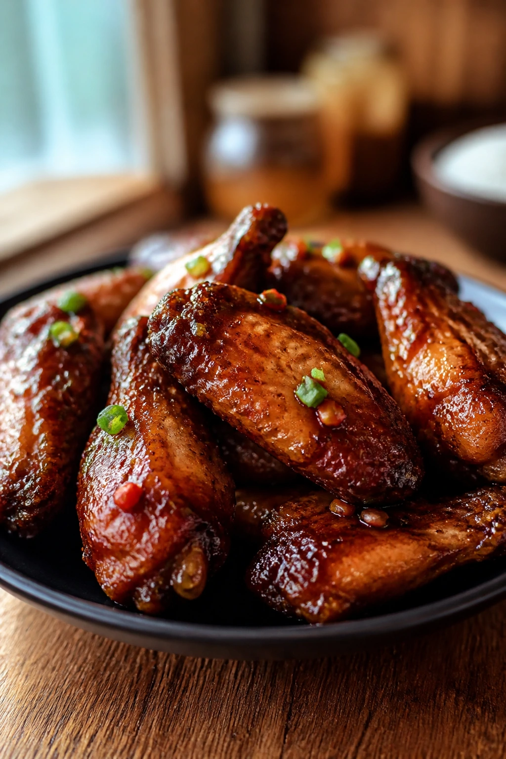 Glossy lacquered chicken wings on a plate in a warm kitchen