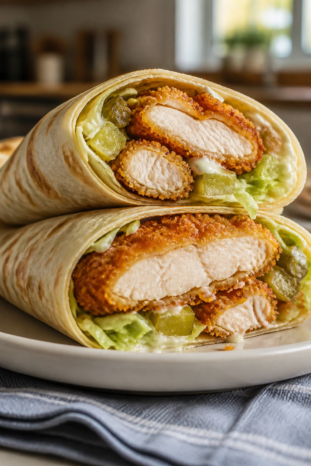 Close-up of crispy chicken tender wrap filled with lettuce and pickles