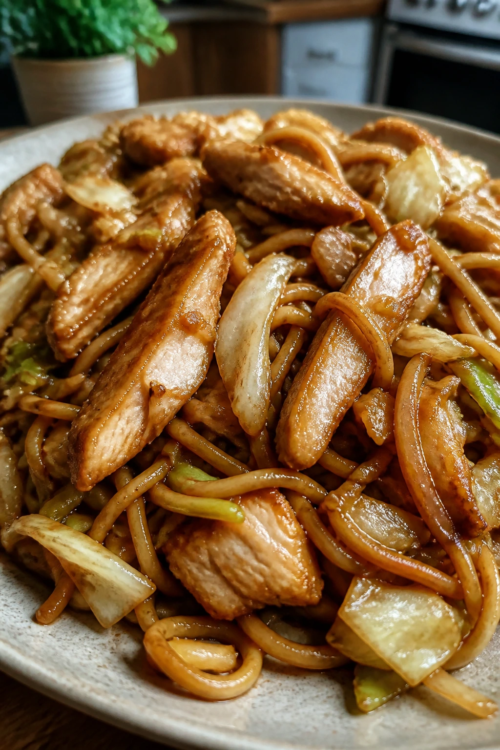 Close-up of chicken yakisoba with noodles on plate