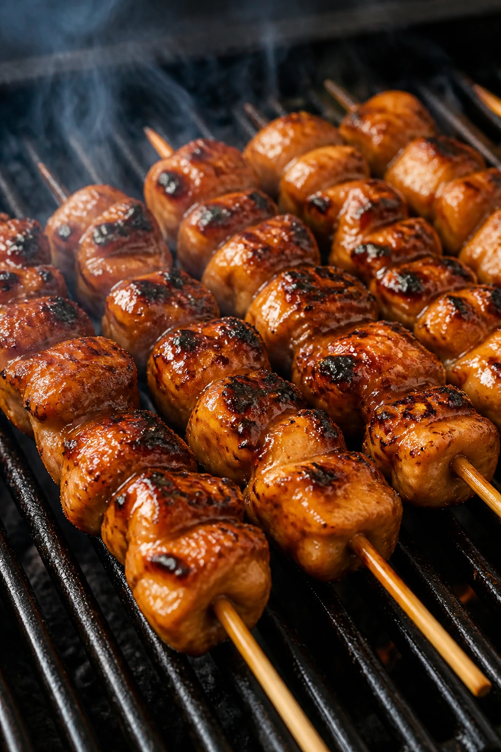 Glazed chicken yakitori skewers on a grill