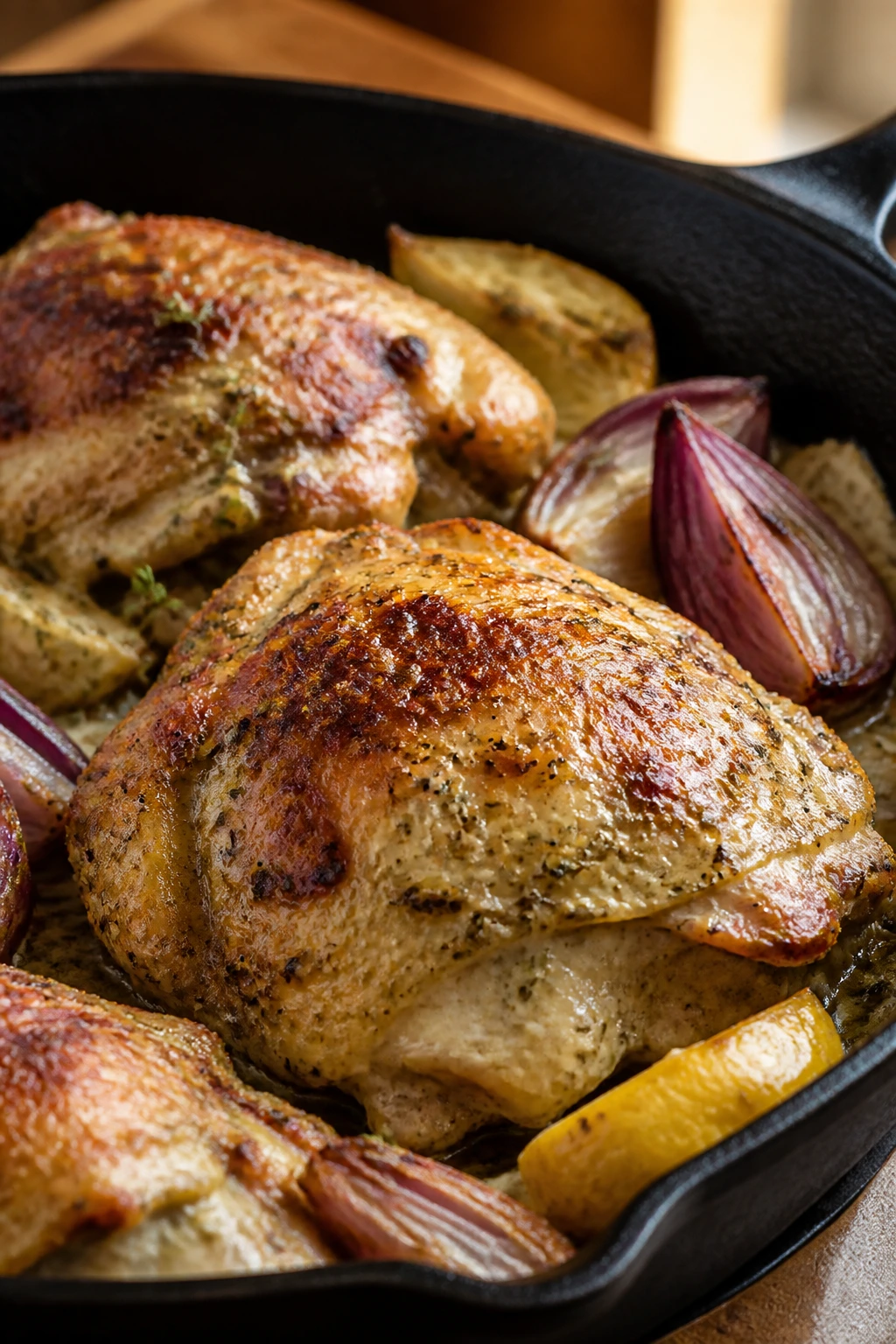 Close-up of chicken thigh with browned yogurt crust in cast iron skillet