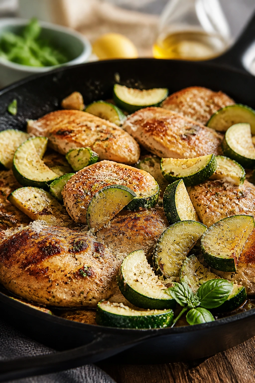 Close-up of chicken and zucchini skillet with Pecorino Romano in a rustic kitchen