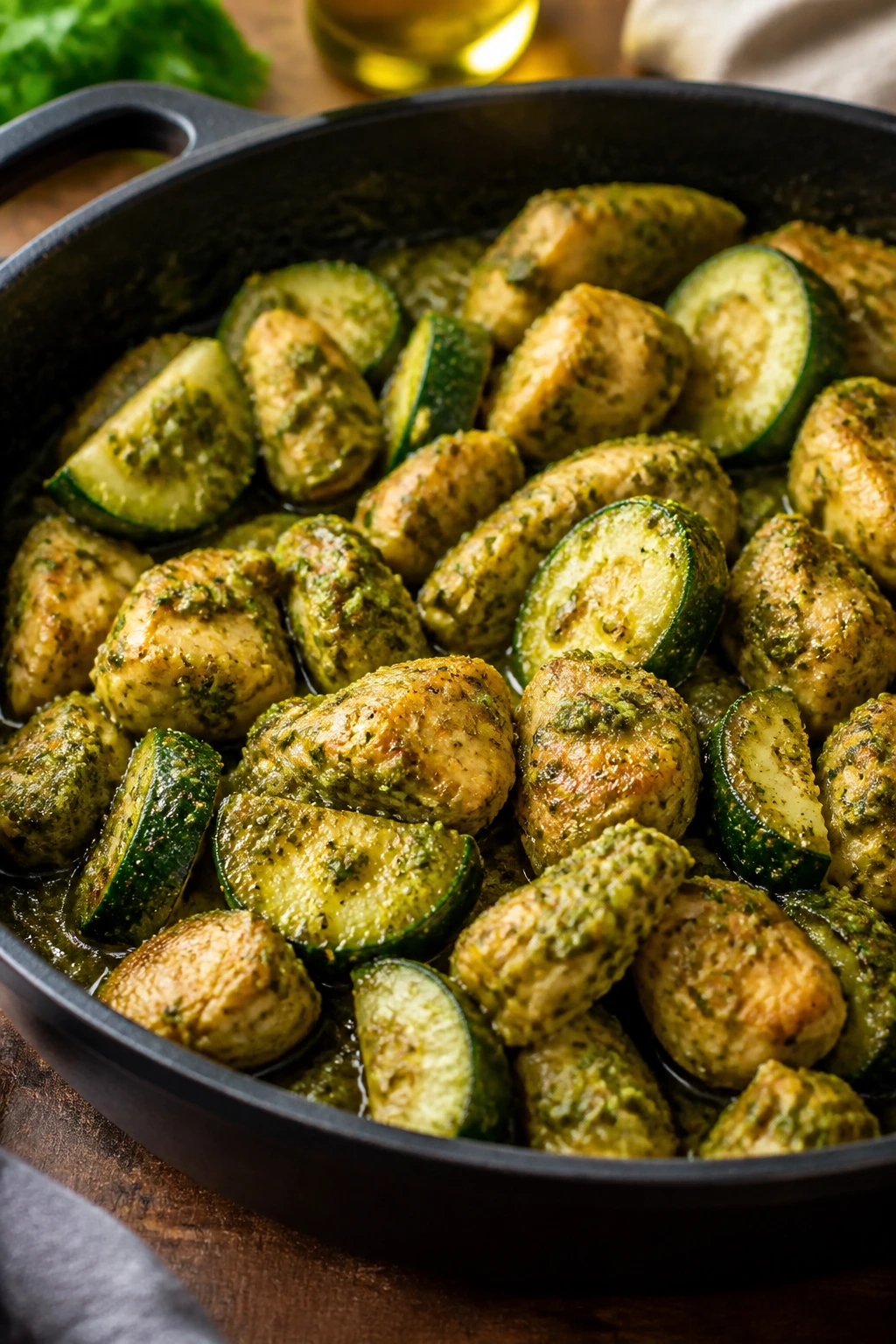 Close-up of Chicken Zucchini Pesto Skillet showing chicken, zucchini, and pesto.