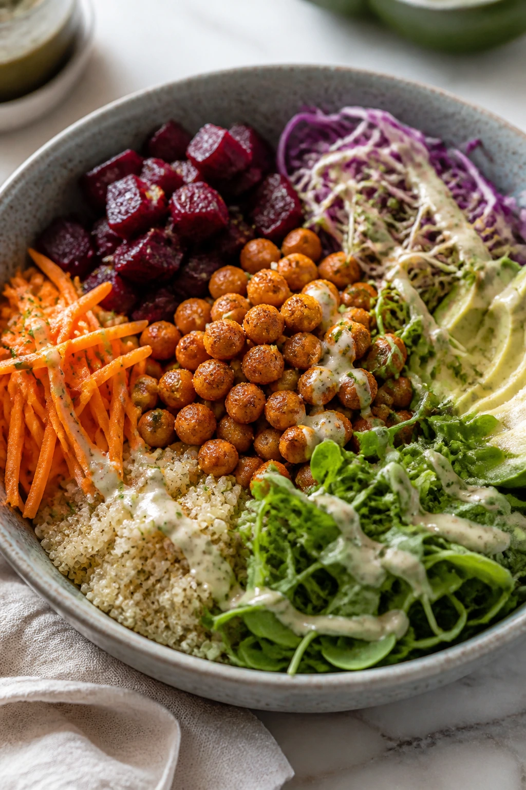 Close-up Spicy Chickpea Buddha Bowl with beets and quinoa