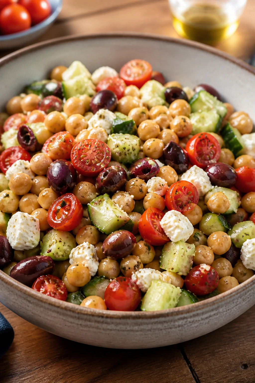 Colorful mediterranean chickpea bowl with feta and olives