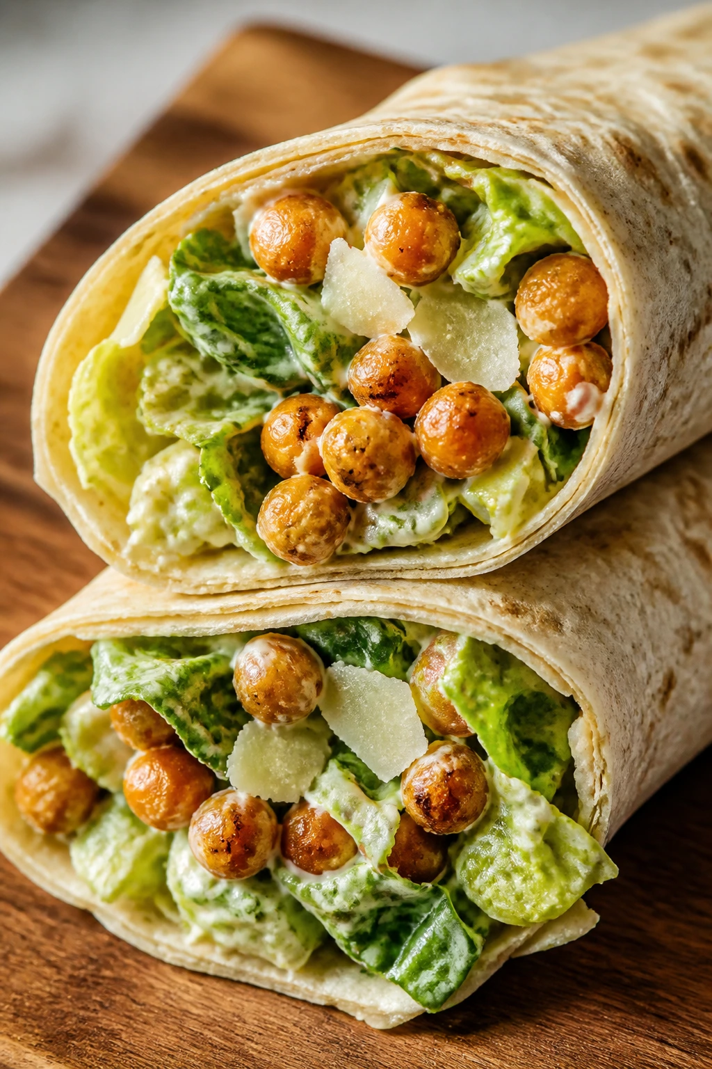 Close-up of Chickpea Caesar Wrap with Crispy Chickpeas and Parmesan