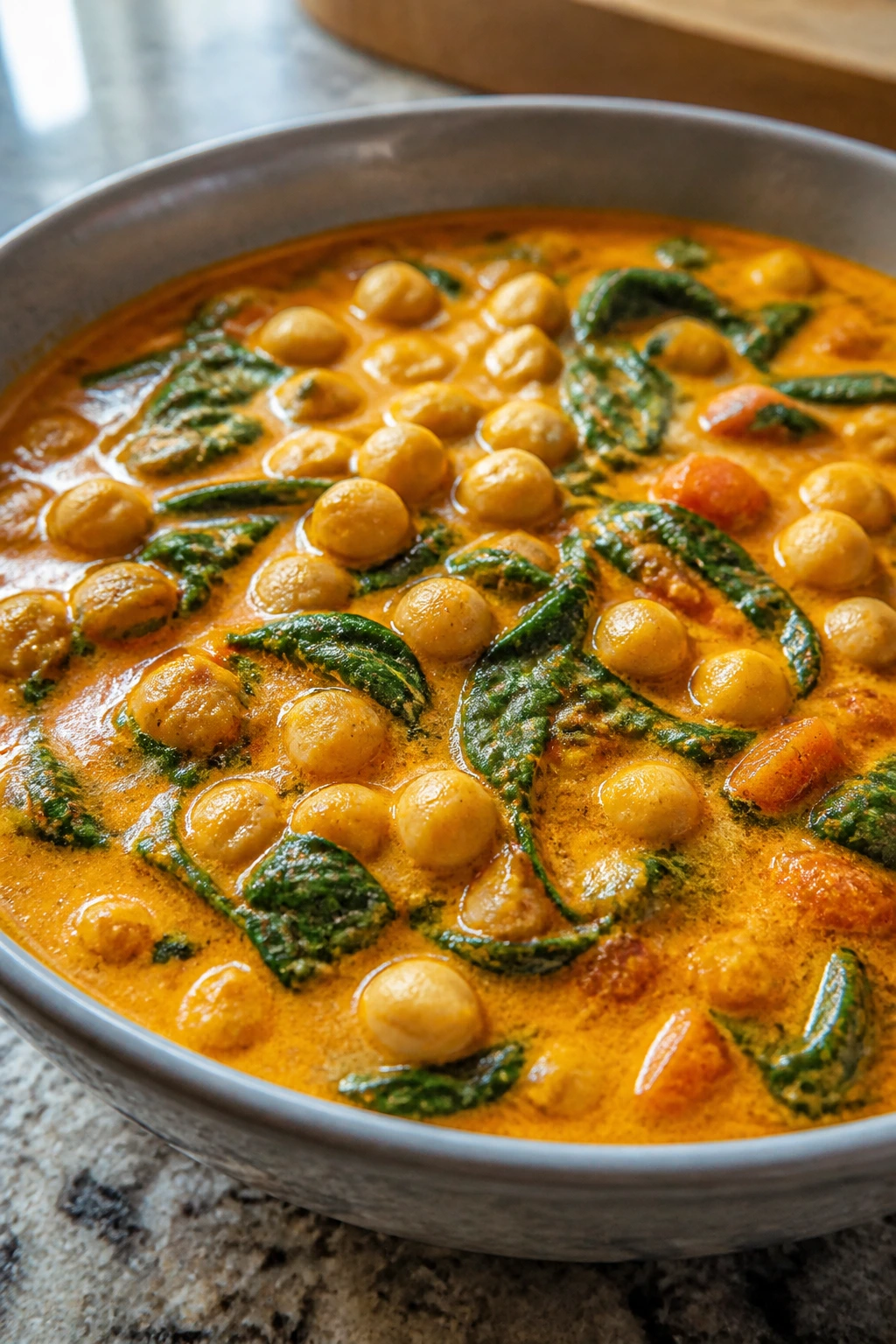 Close-up of chickpea coconut curry in a bowl with spinach