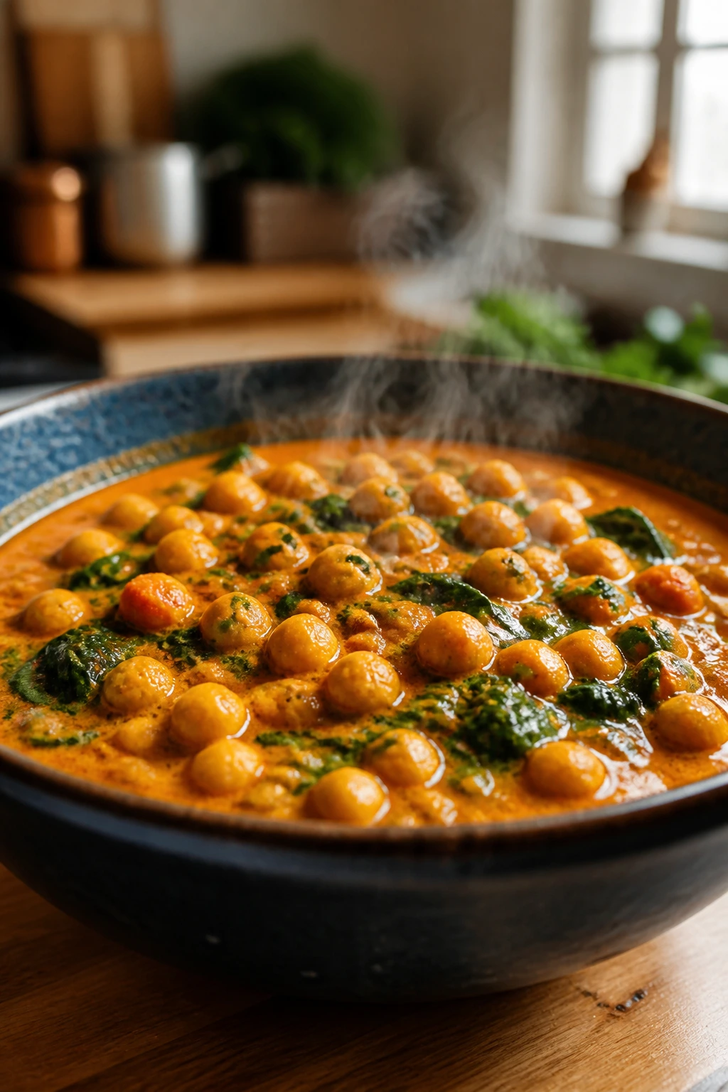 Close-up of chickpea coconut curry in a bowl