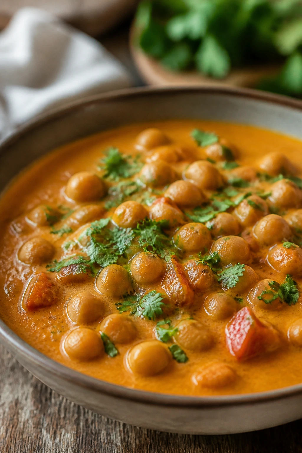 Close-up of Chickpea Coconut Curry in a bowl in a cozy kitchen