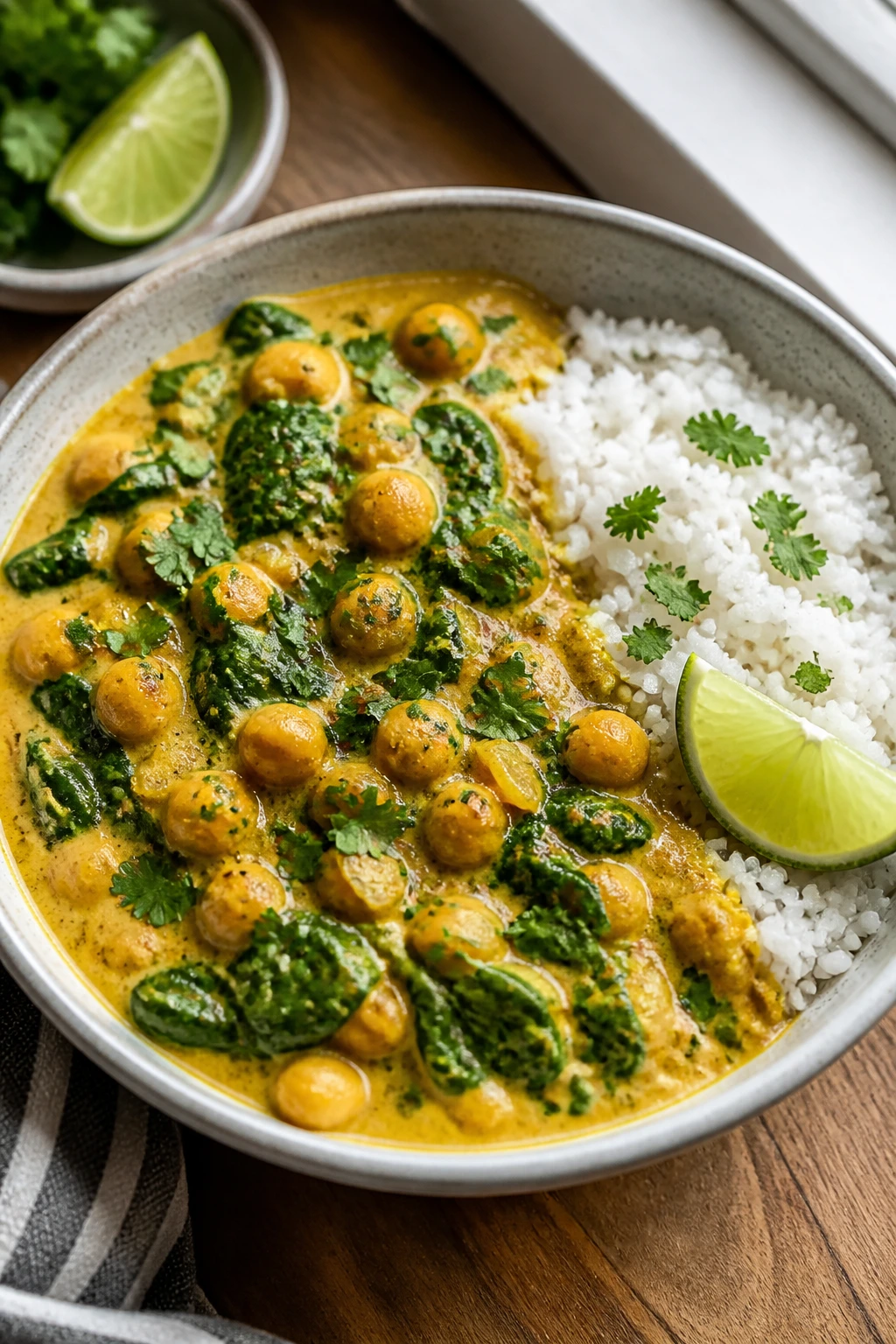 Chickpea coconut curry with spinach and jasmine rice in a colorful kitchen bowl.