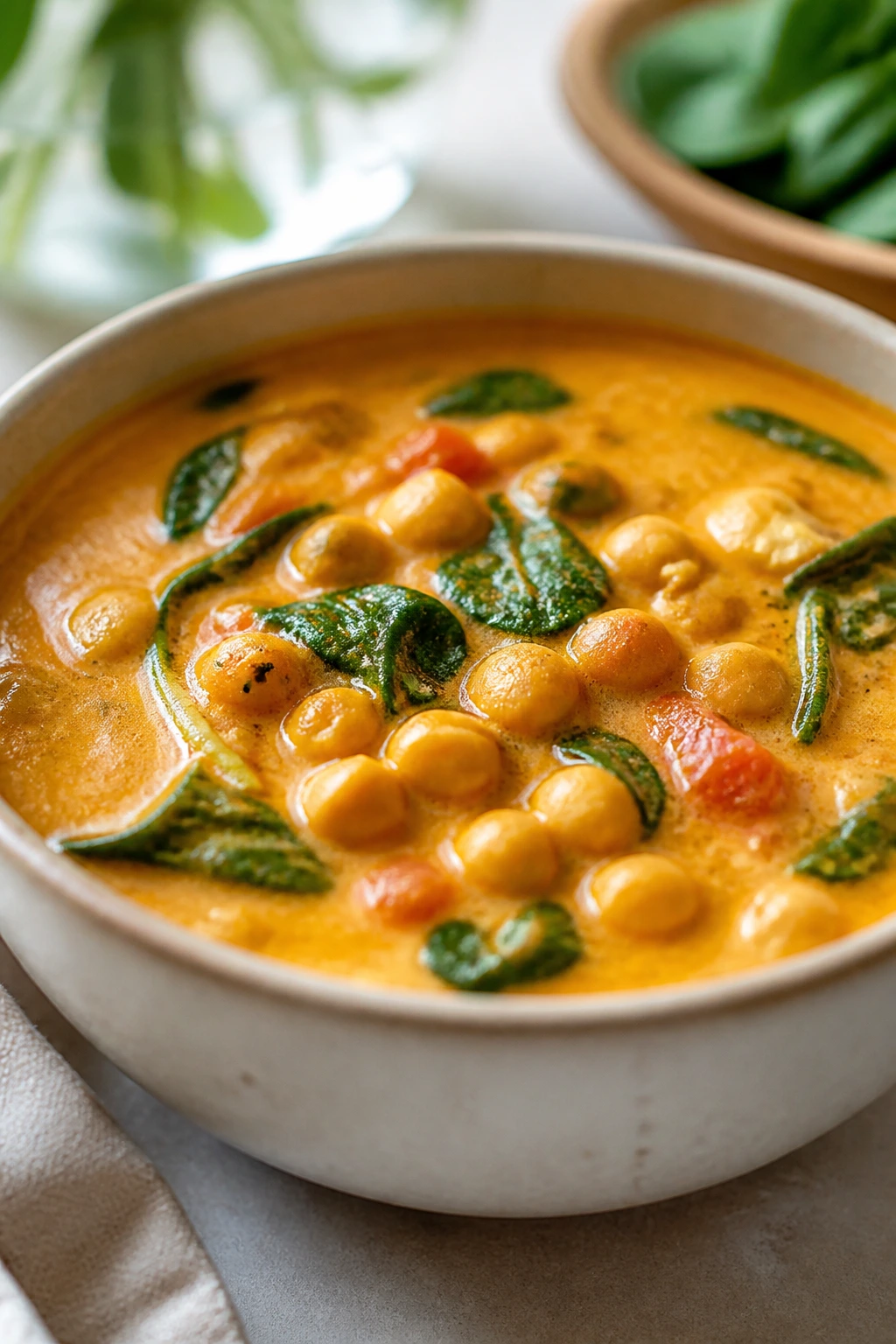 Chickpea coconut curry soup with spinach garnish