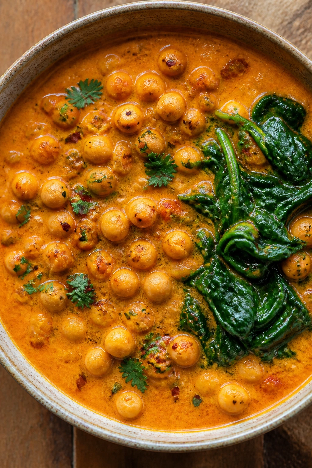 Bright coconut chickpea curry in a ceramic bowl with spinach