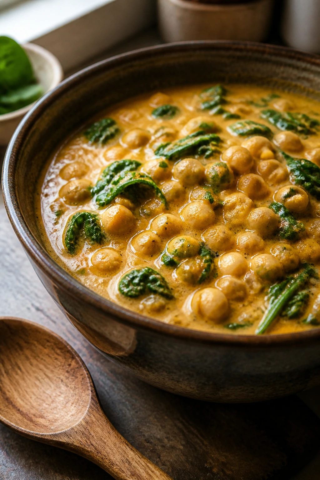Close-up of chickpea coconut curry in a rustic bowl