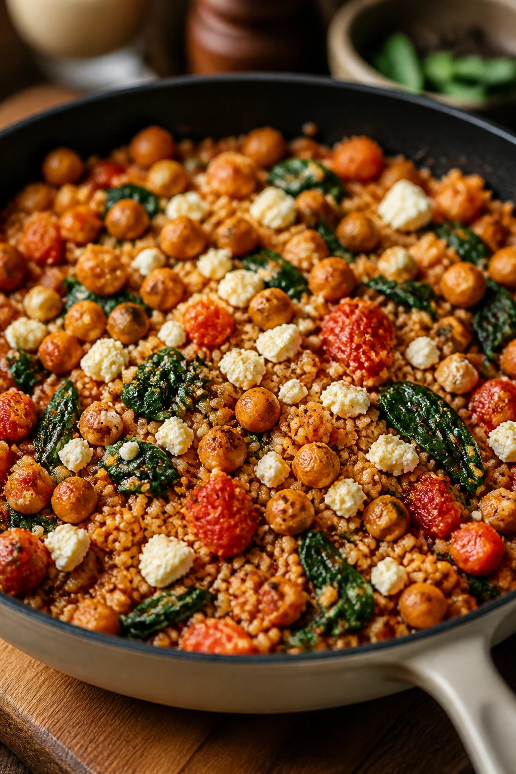 Skillet with chickpeas and tomato couscous topped with spinach and feta
