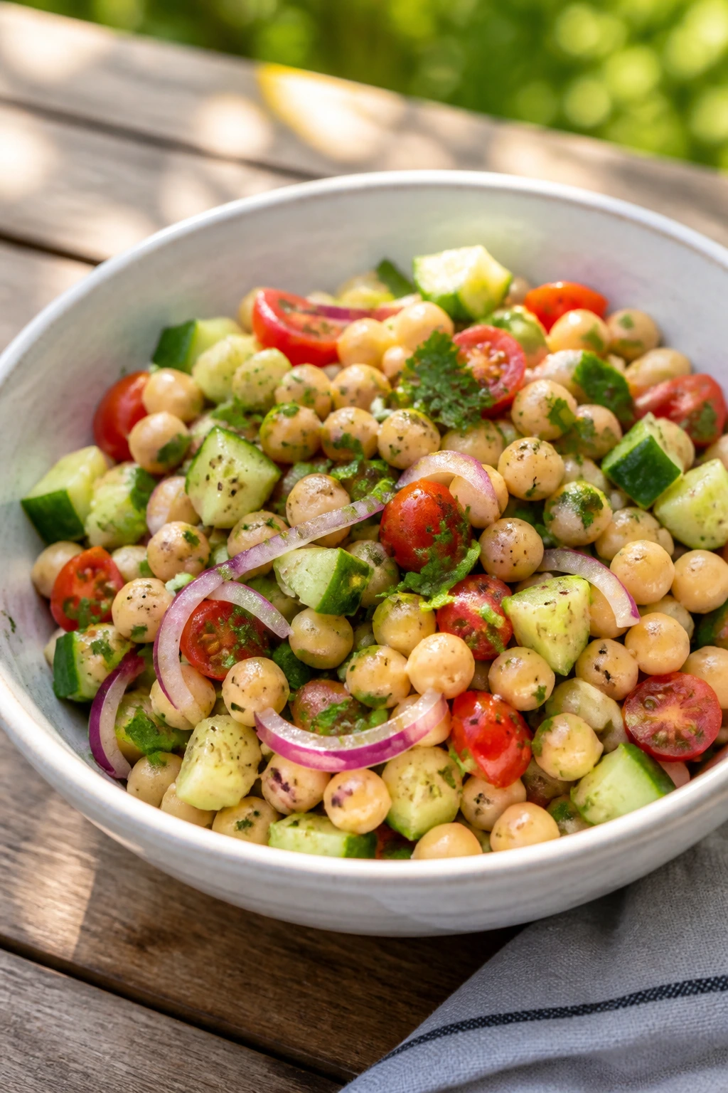 Medium close-up of chickpea cucumber salad with lemon and herbs on outdoor table
