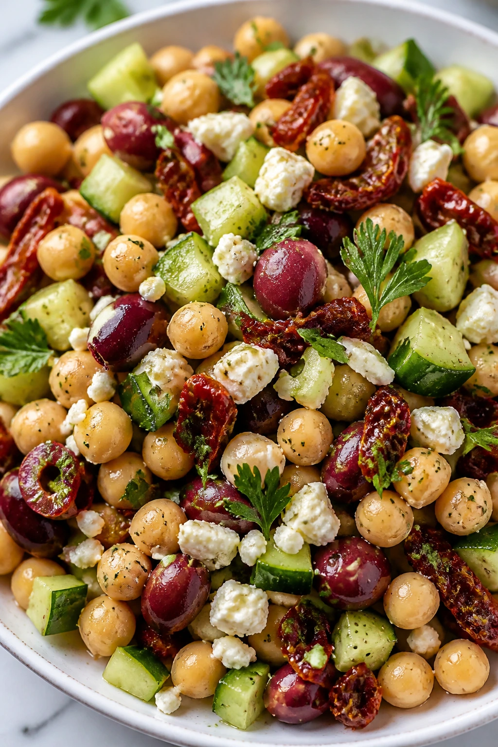 Close-up of Mediterranean Chickpea Salad with Cucumber and Sun-Dried Tomatoes in a bright bowl.