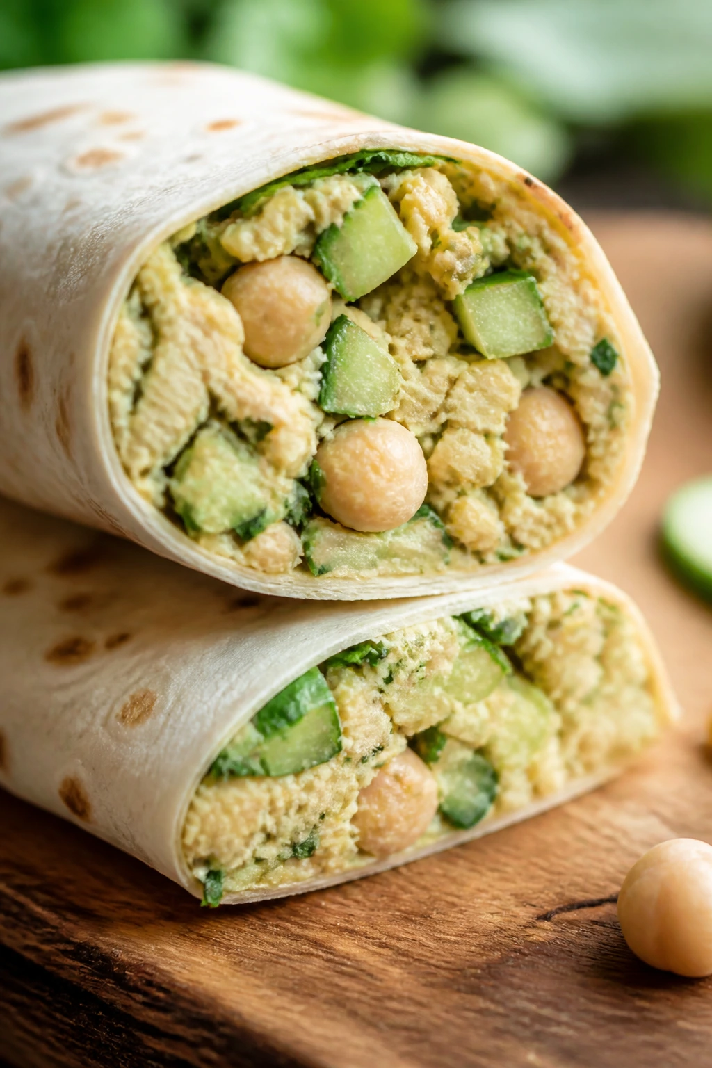 Close-up of a chickpea salad cucumber wrap cut open on a rustic picnic board