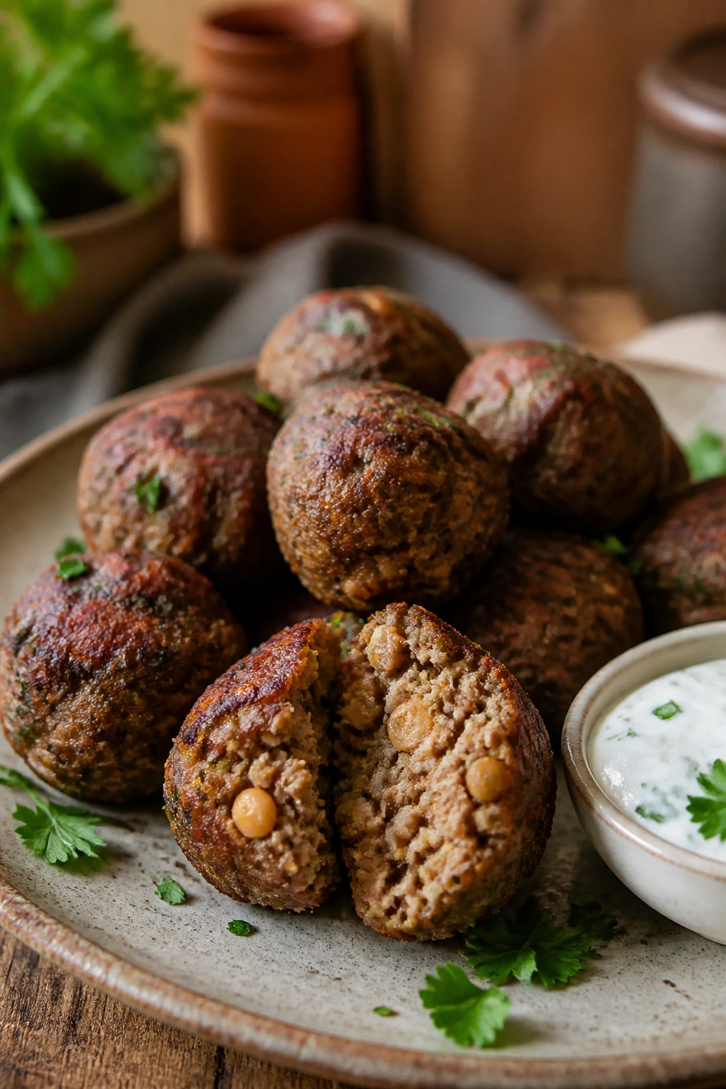 Chickpea cumin meatball with yogurt herb sauce on plate