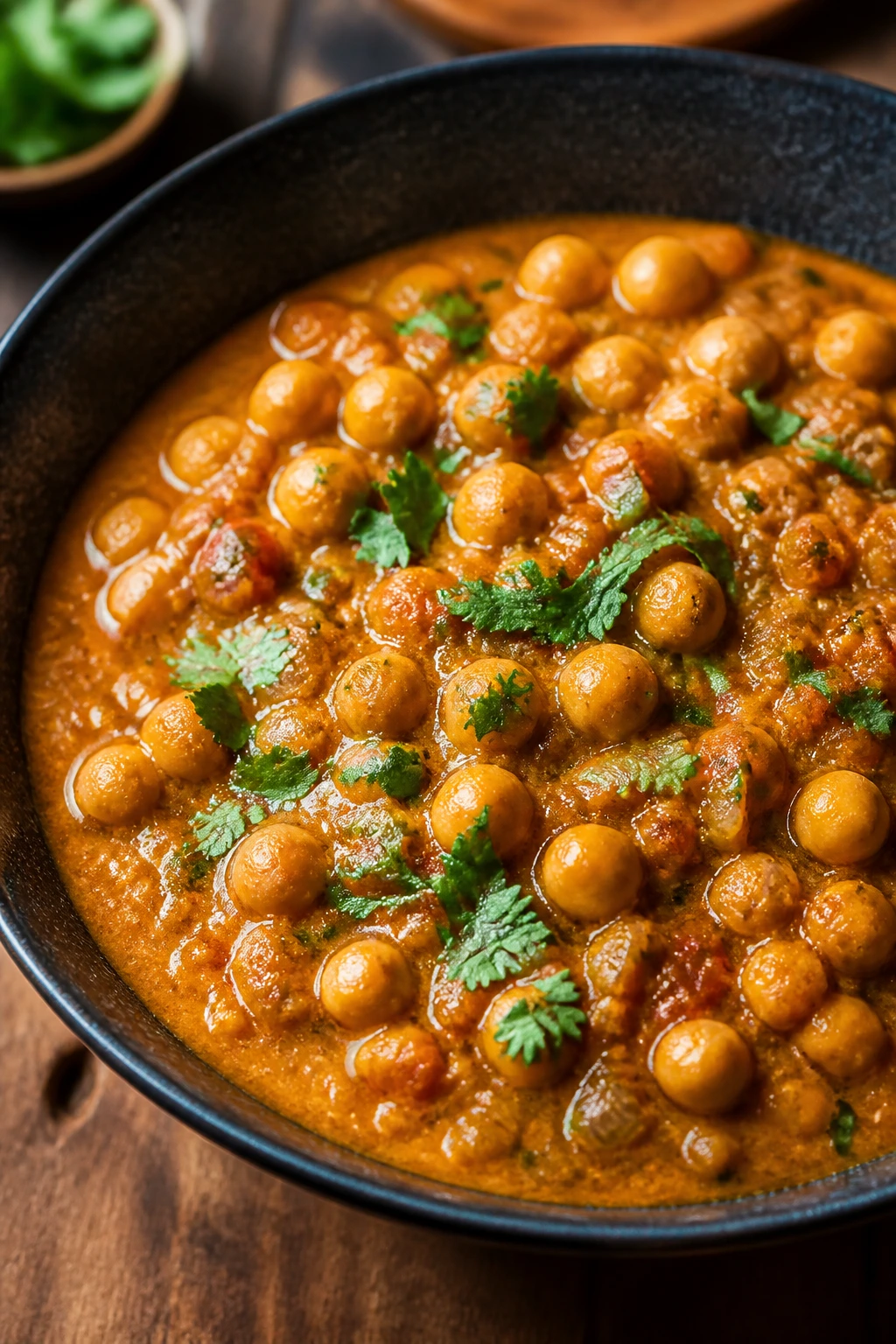 Bright chickpea curry in a bowl on a wooden table.