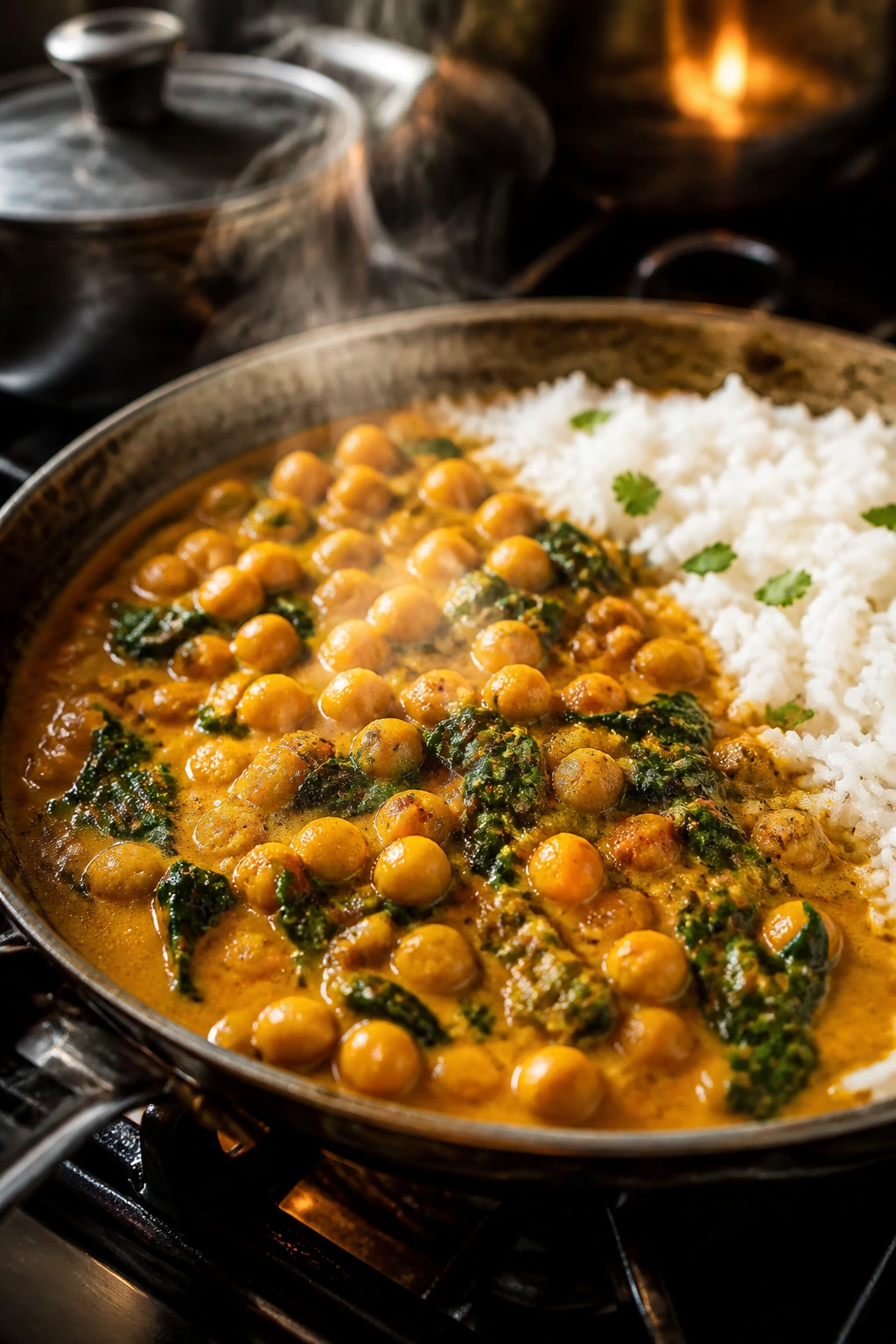 Chickpea coconut curry with spinach over rice