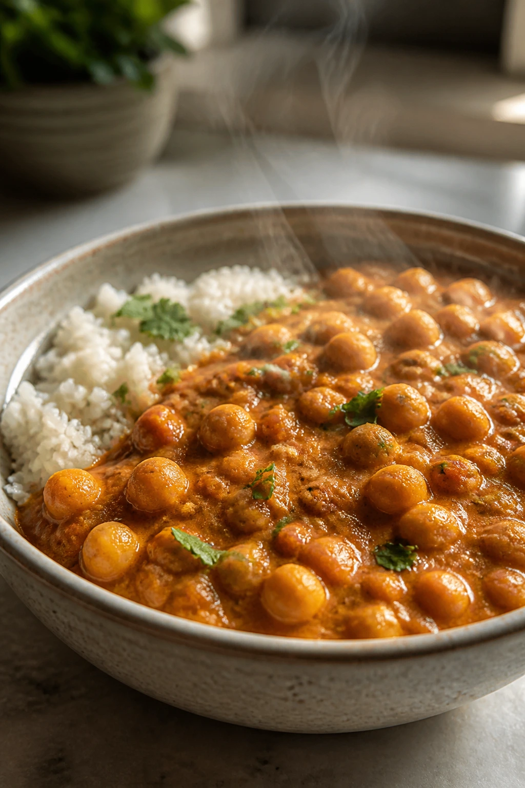 Close-up Mild Chickpea Curry in a bowl with chickpeas