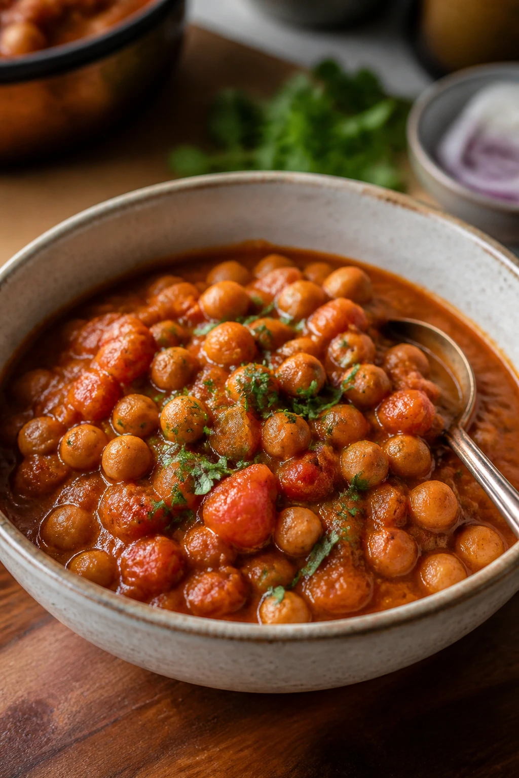 Chickpea tomato curry in a ceramic bowl with spoon