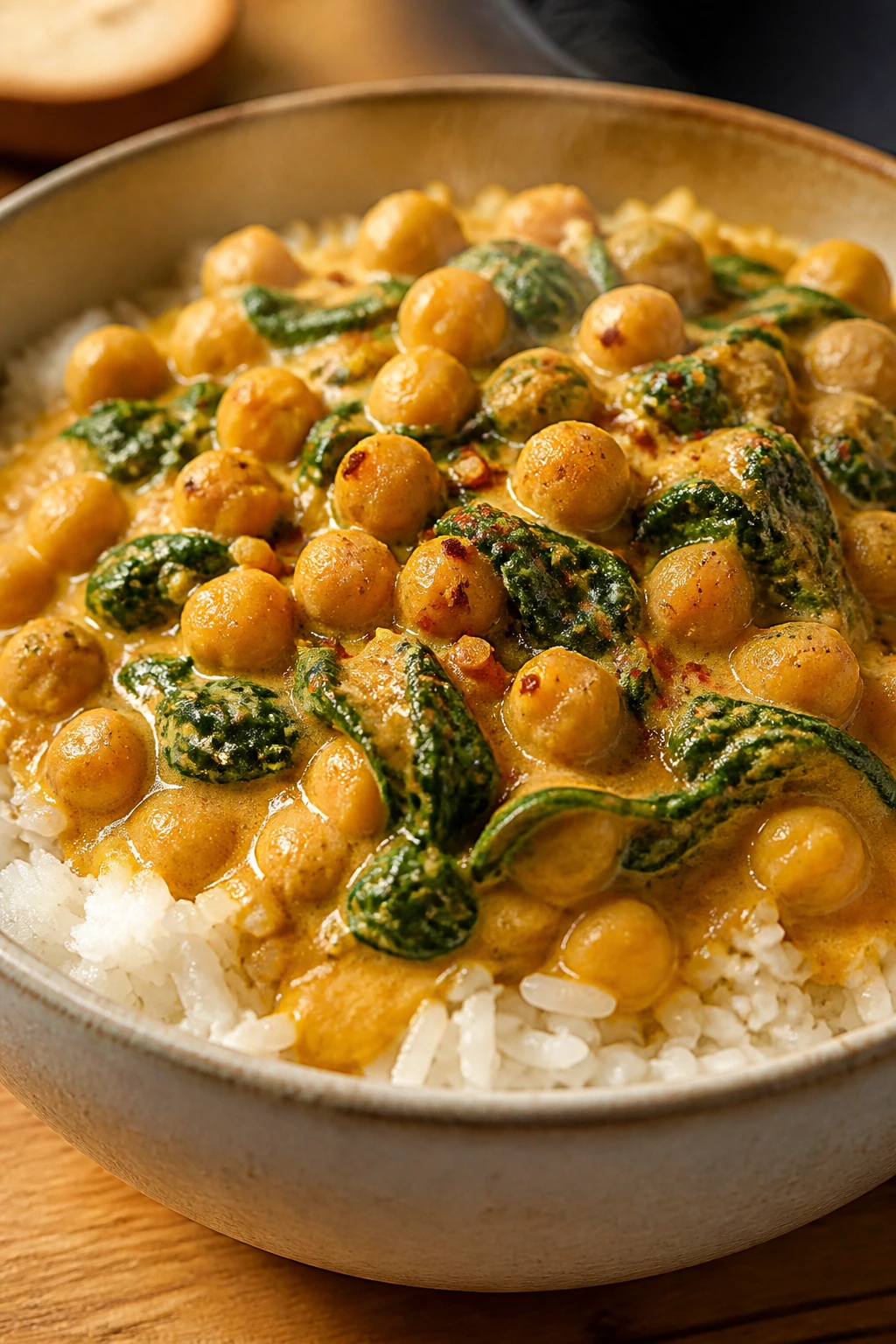 Steaming bowl of chickpea coconut curry with rice and spinach.