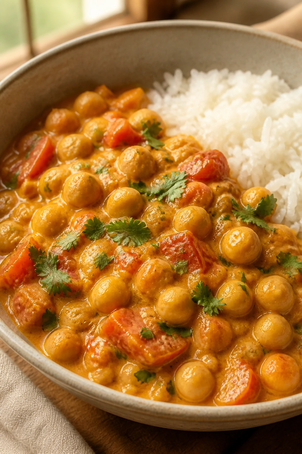 Creamy chickpea curry with coconut rice in a bowl