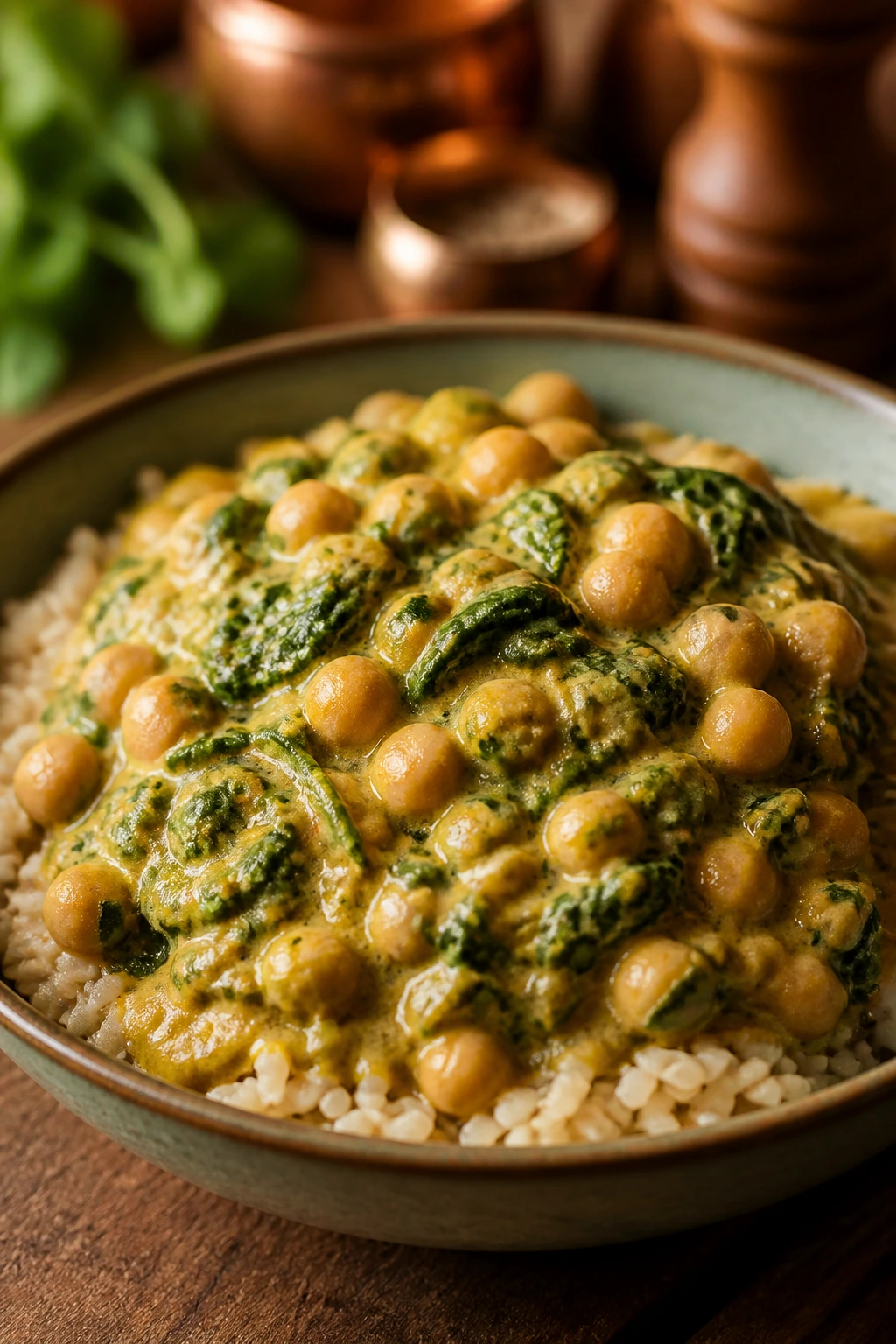 Bowl of chickpea spinach coconut curry over brown rice