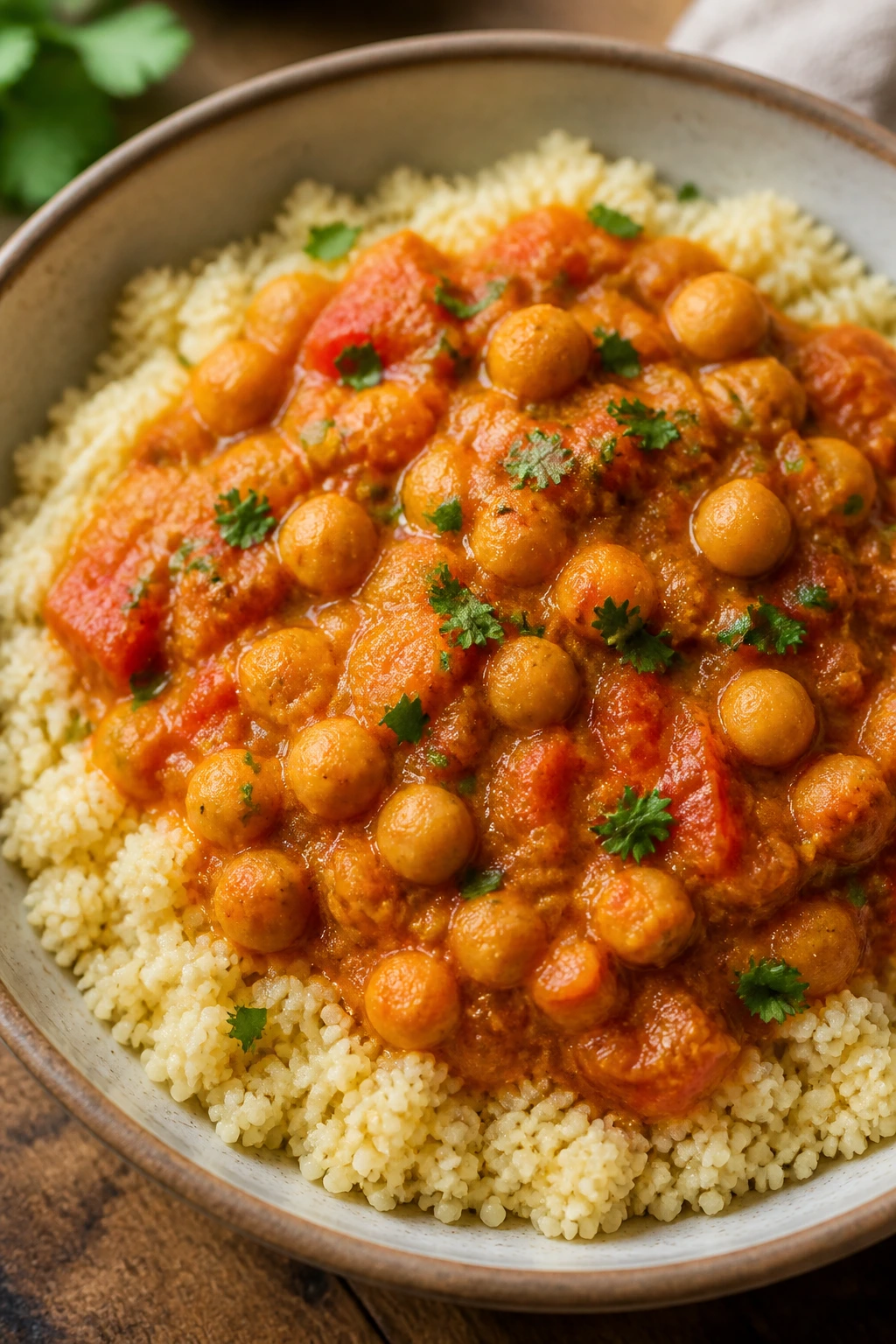 Close-up bowl of chickpea curry with couscous in a cozy kitchen