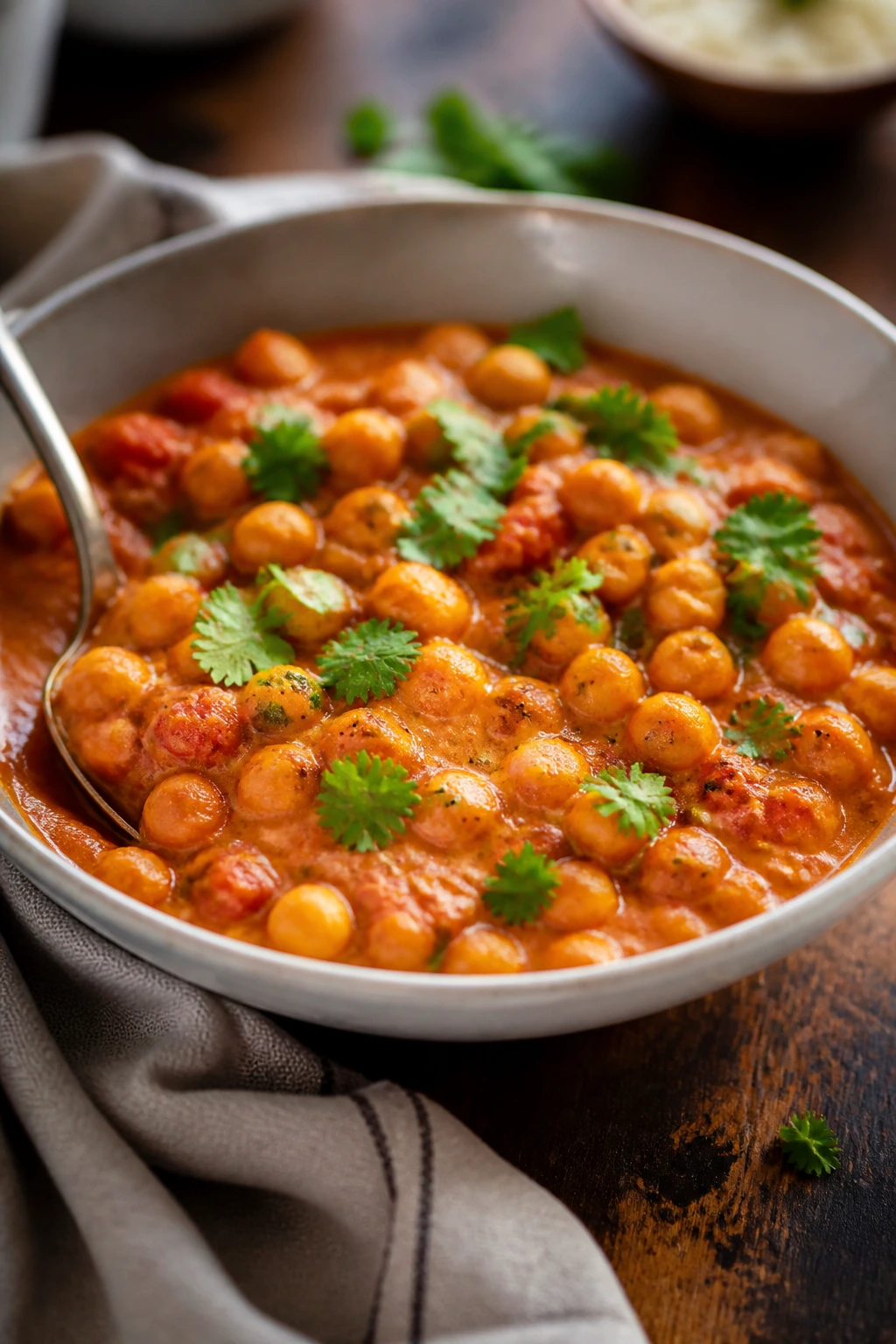Medium-close bowl of chickpea curry with tomato coconut sauce