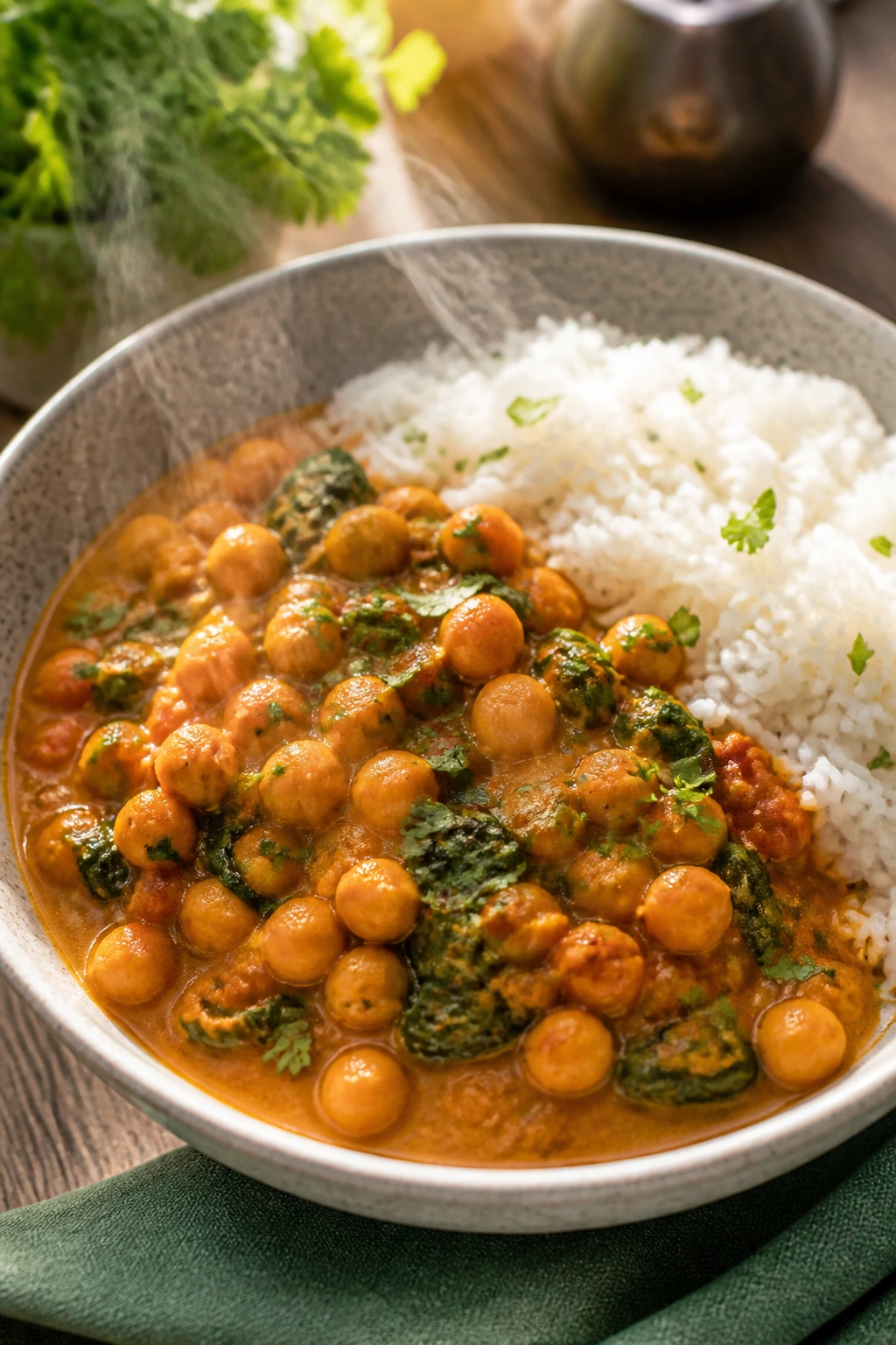 Chickpea curry with rice in a bowl with spinach