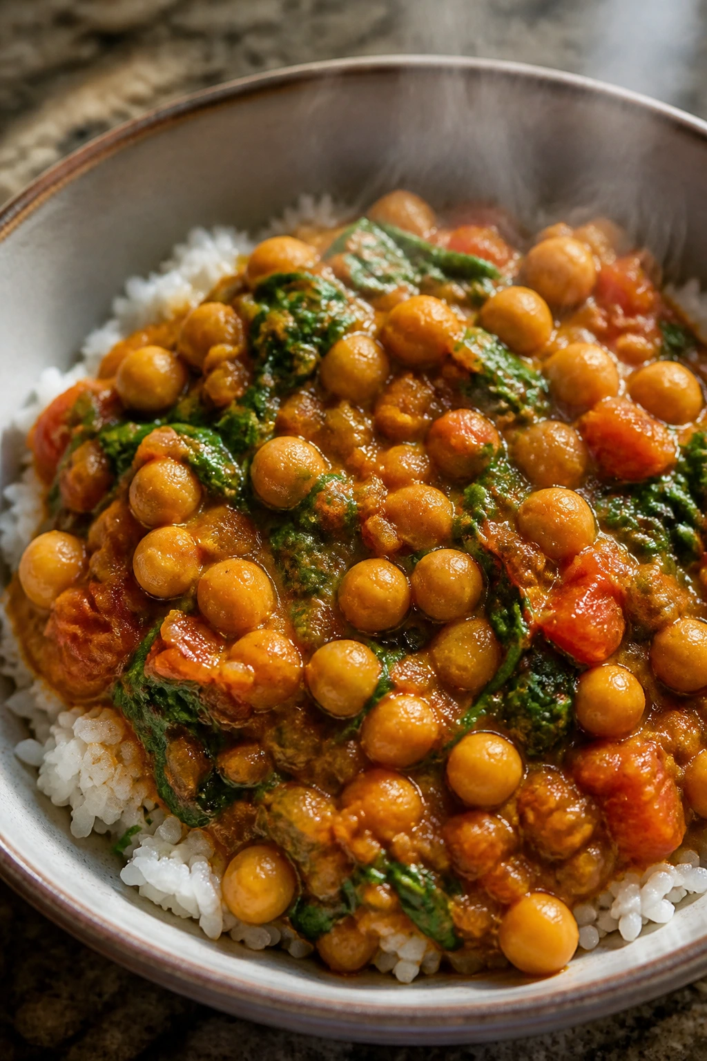 Chickpea curry with rice in a bright bowl