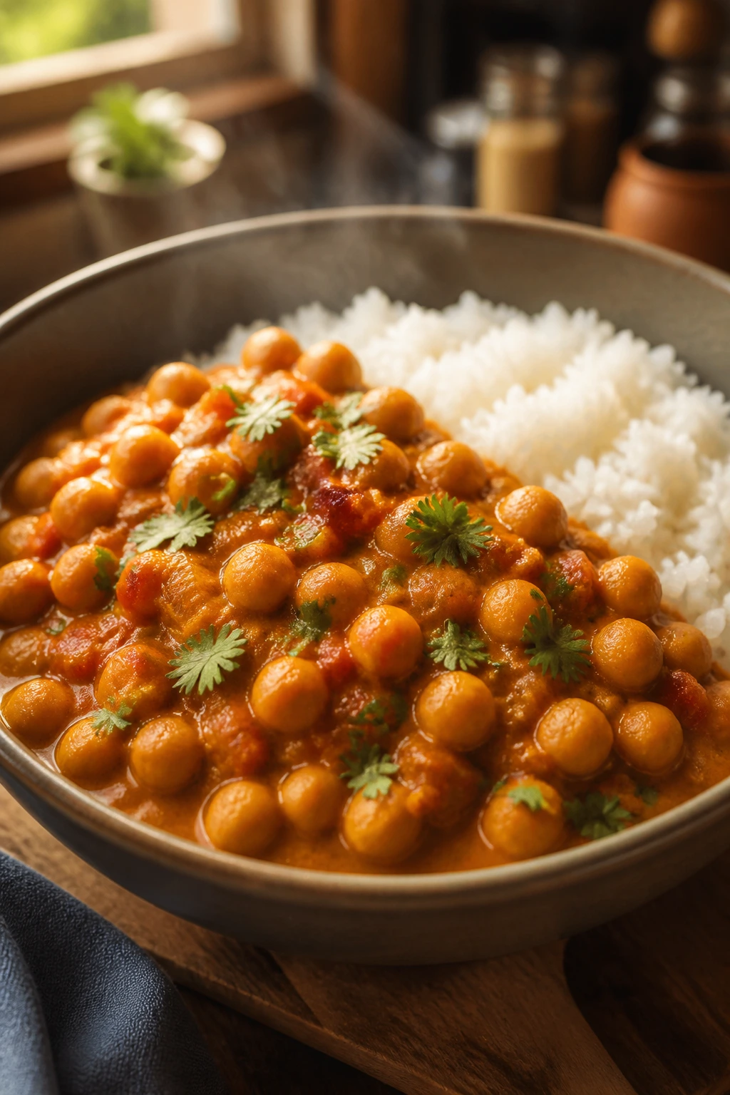 Close-up of chickpea curry over rice in a deep bowl