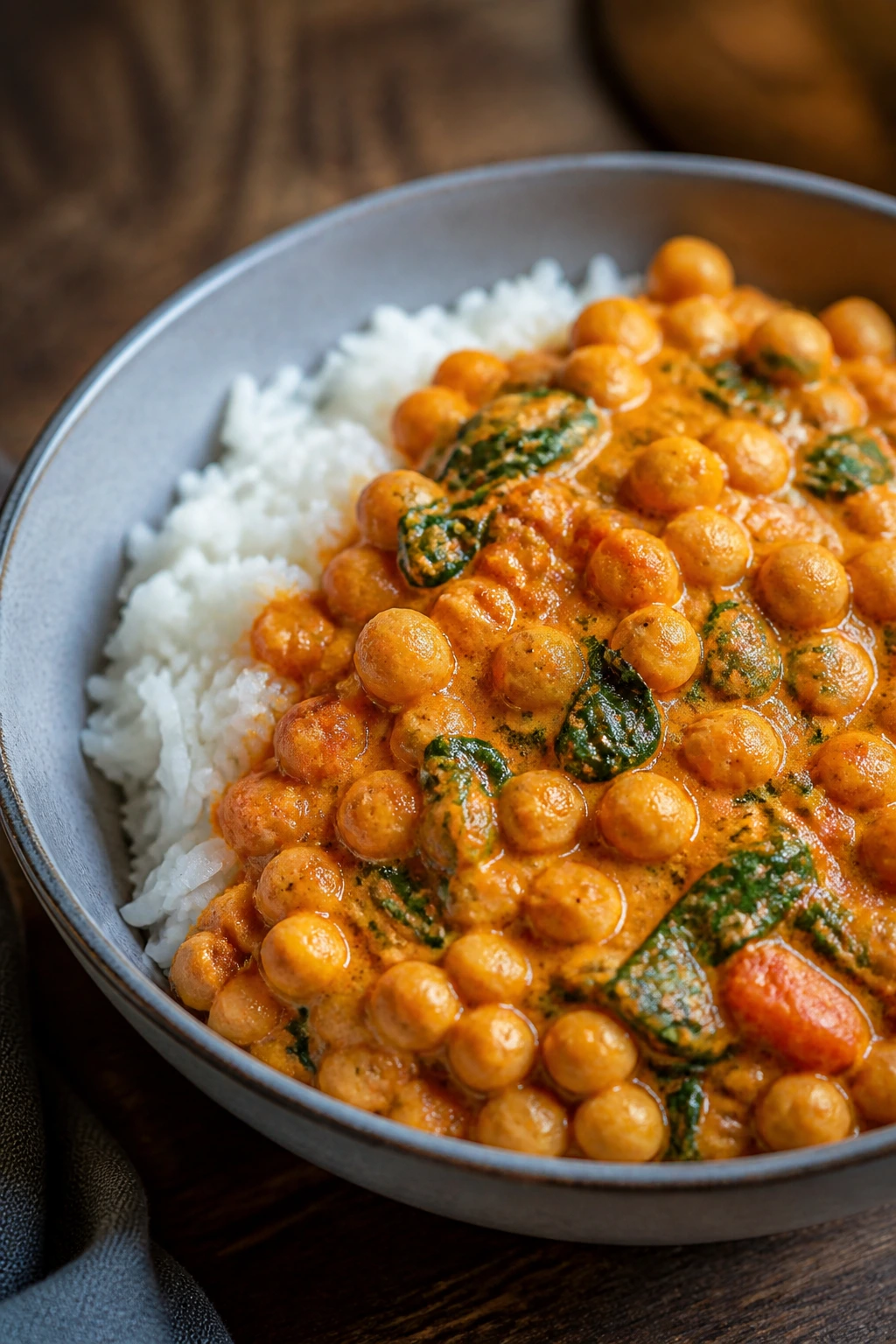 Chickpea curry over rice in a bowl