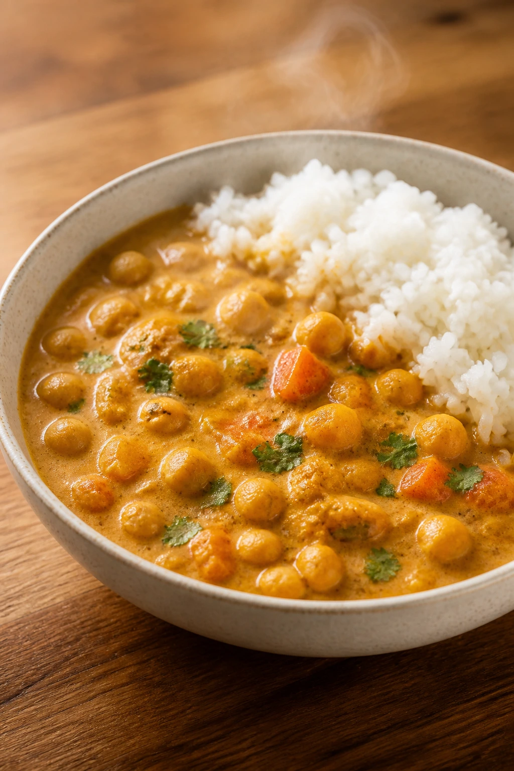 Close-up bowl of mild chickpea curry with rice