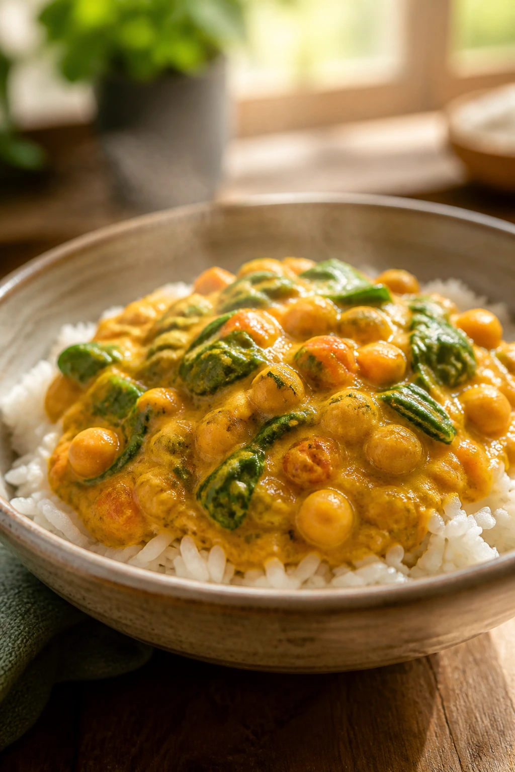 Steaming bowl of mild chickpea curry with rice in a cozy kitchen setting
