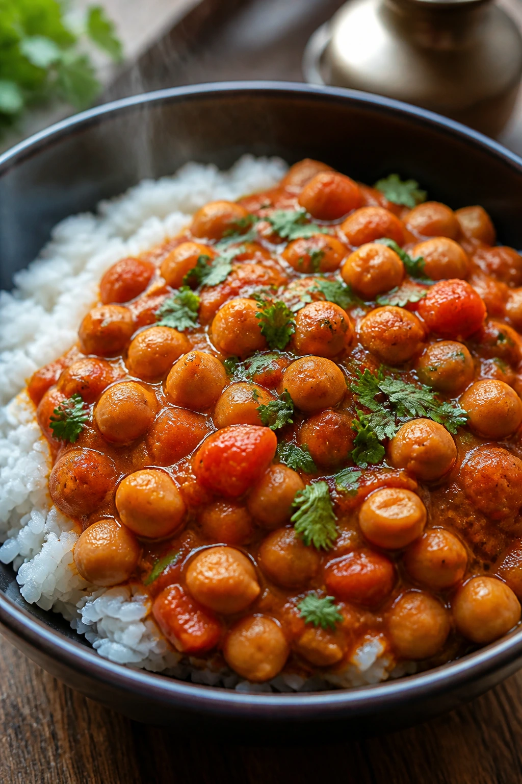 Close-up of chickpea curry over rice in a deep bowl