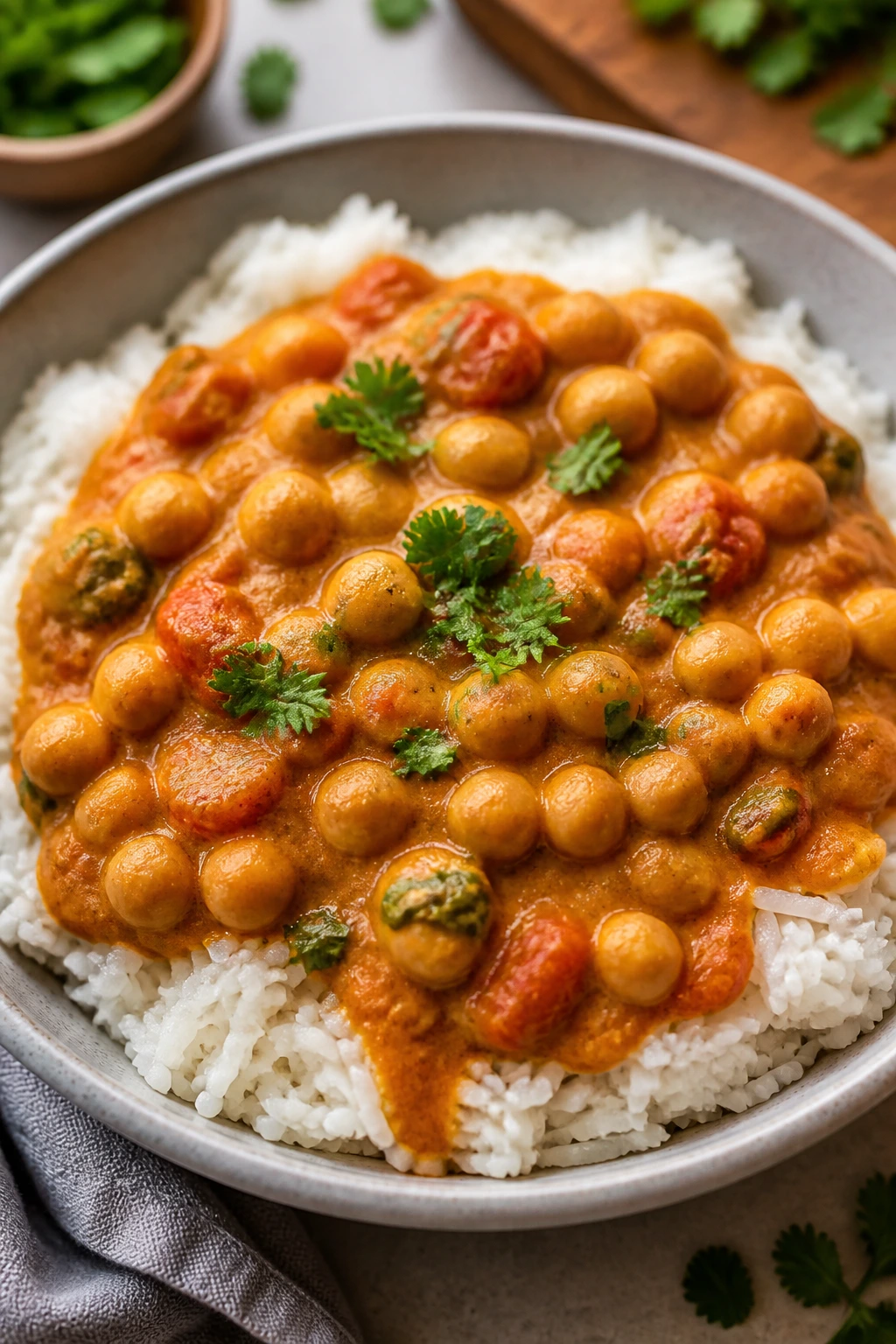 Bowl of chickpea curry served over rice