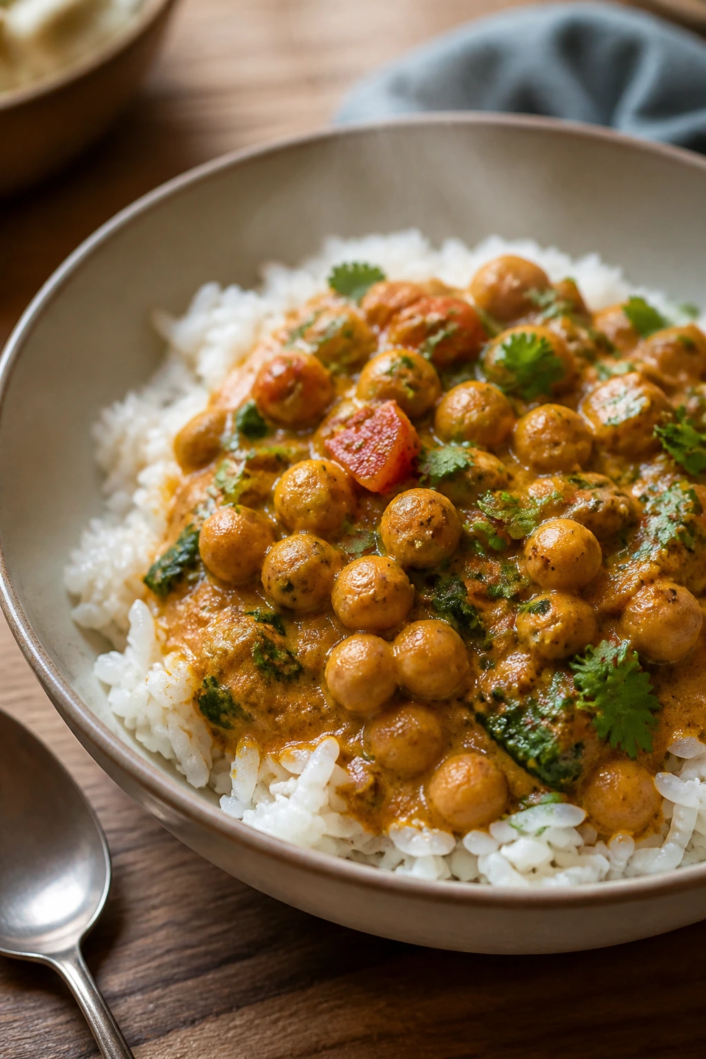 Bowl of chickpea coconut curry over rice with cilantro garnish