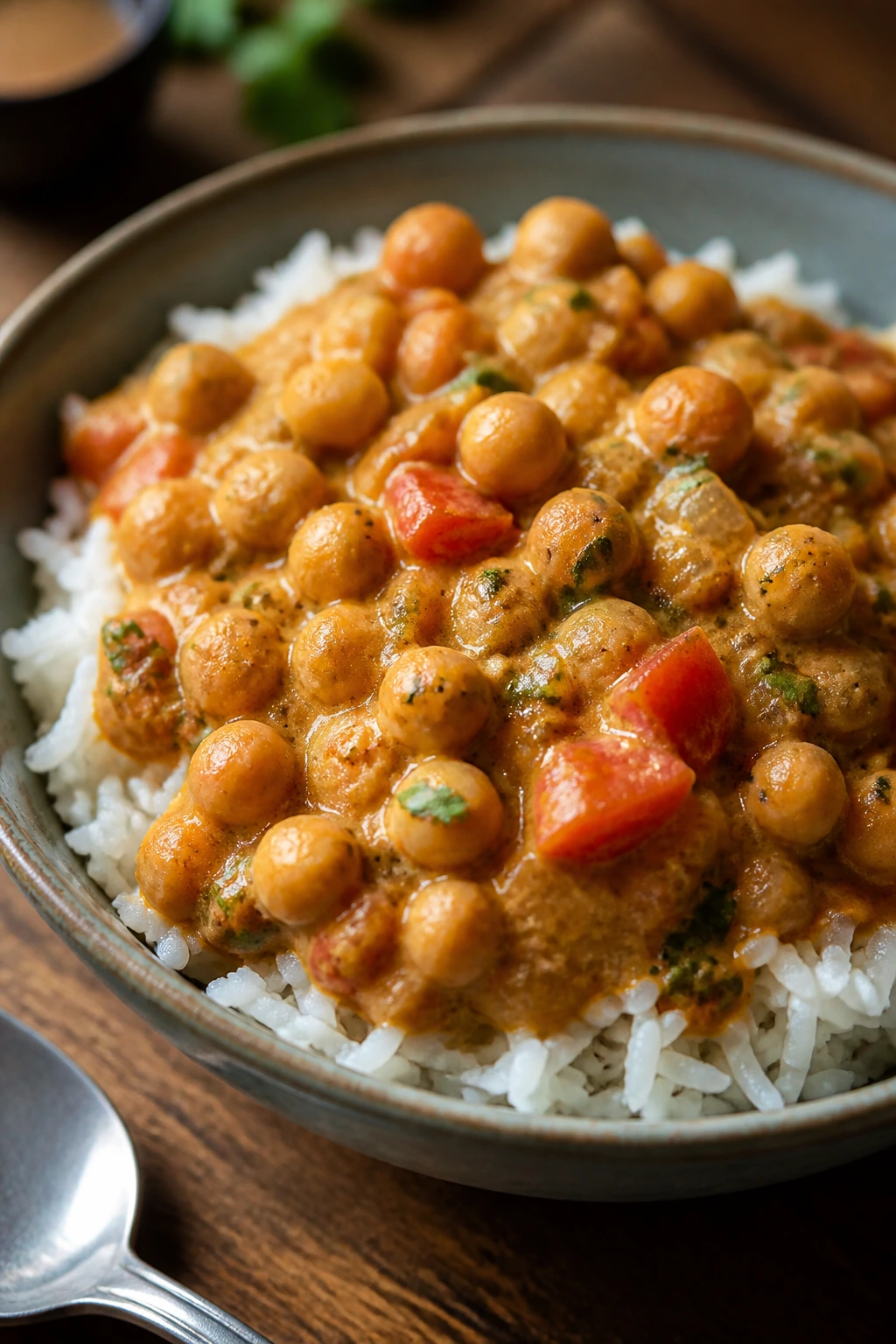 Close-up of chickpea curry over rice with coconut milk