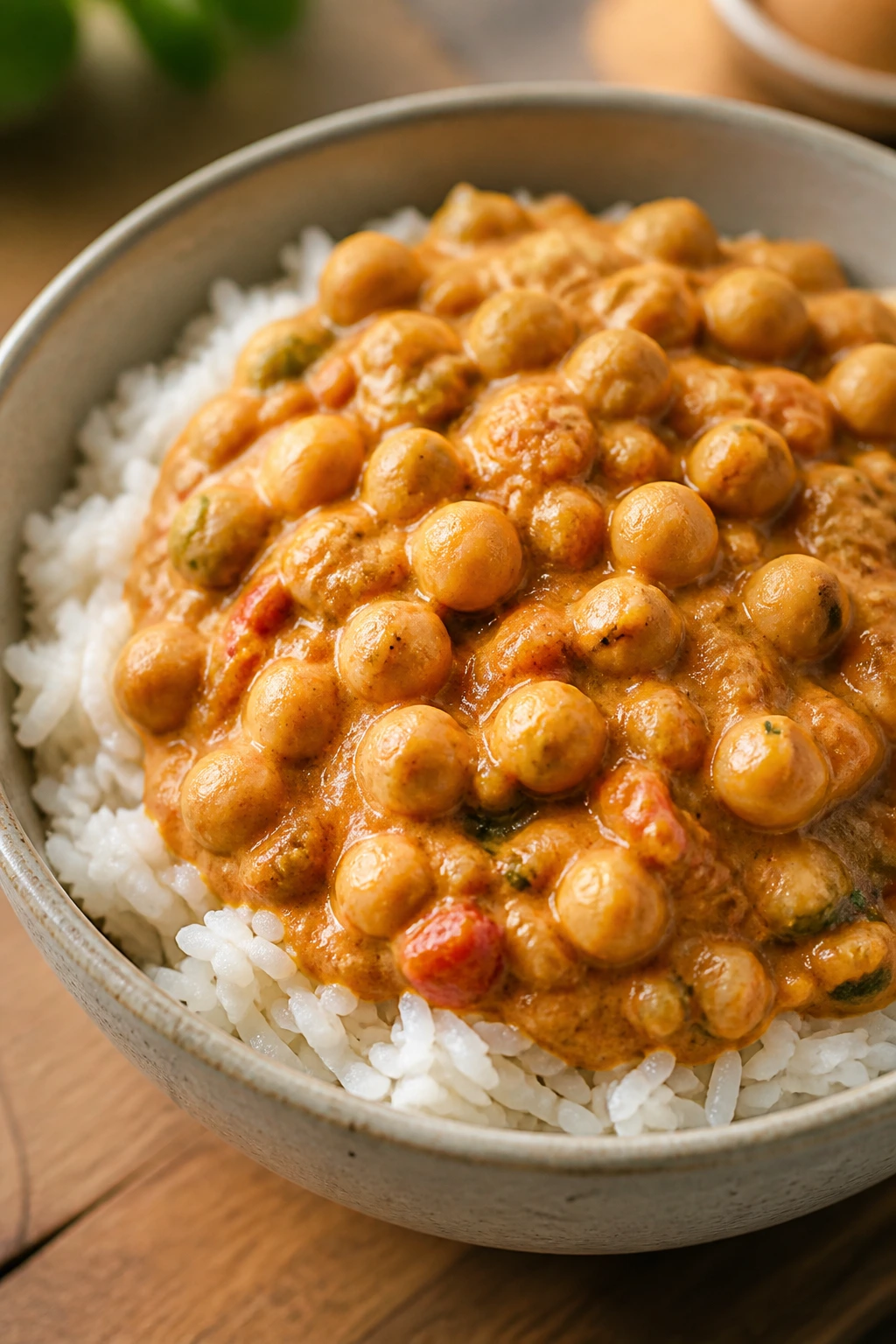 Bowl of mild chickpea curry with rice and chickpeas in coconut sauce