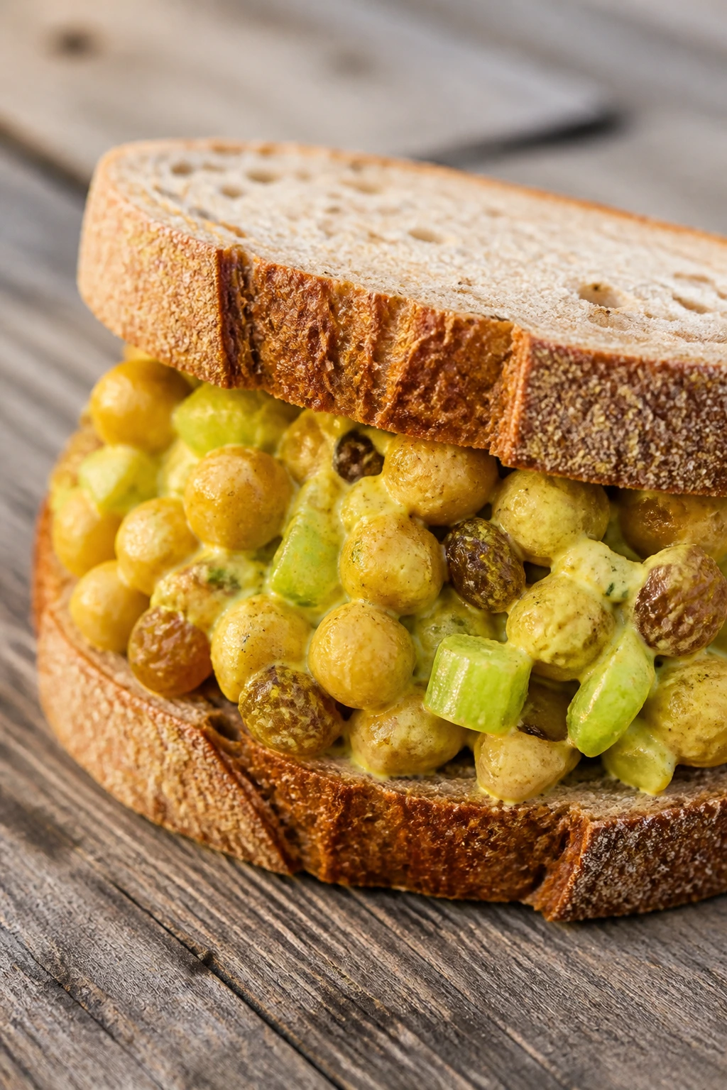 Close-up of Curry Chickpea Salad Sandwich with curry-spiced chickpeas and celery on bread.