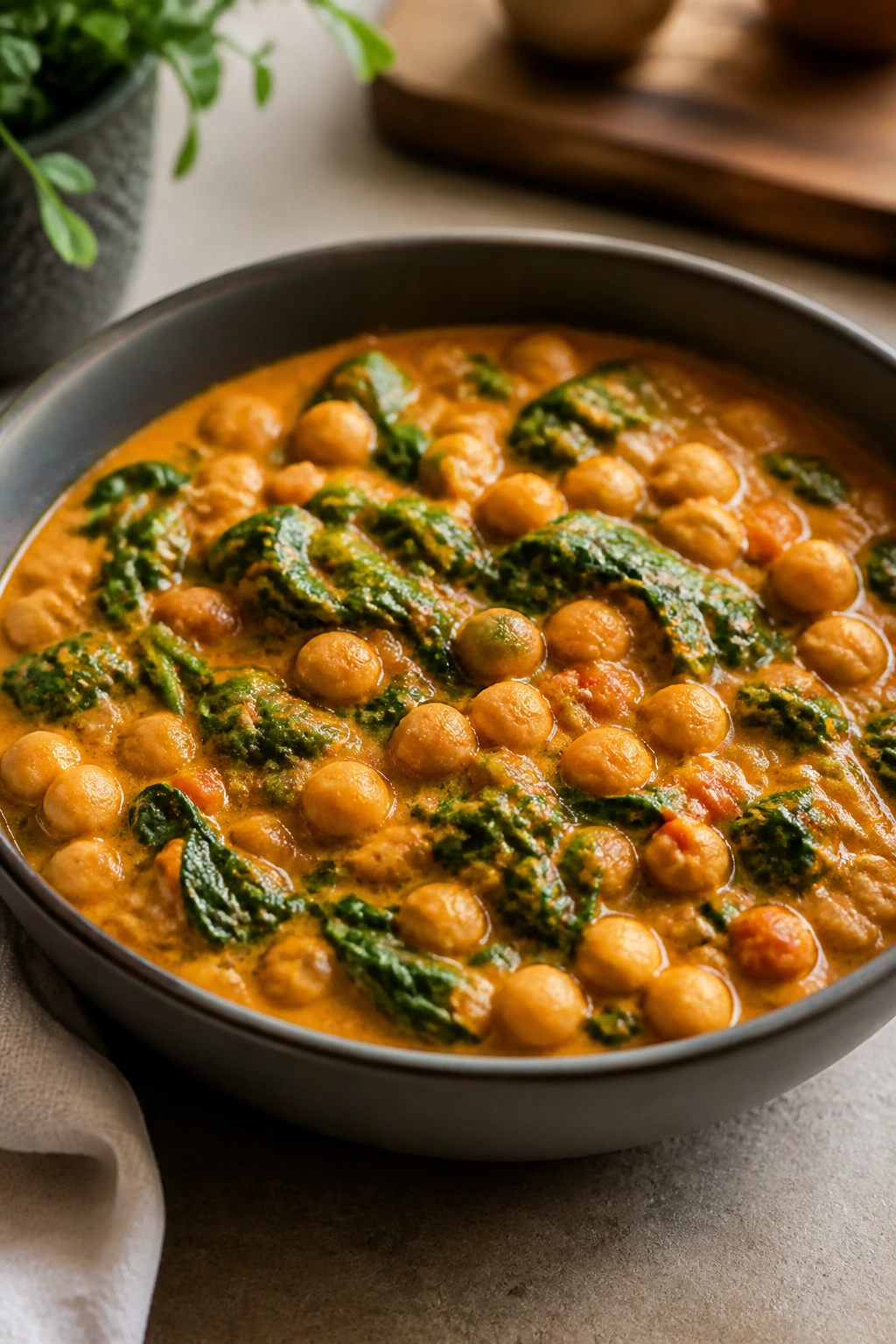 Bright chickpea curry with spinach in a bowl