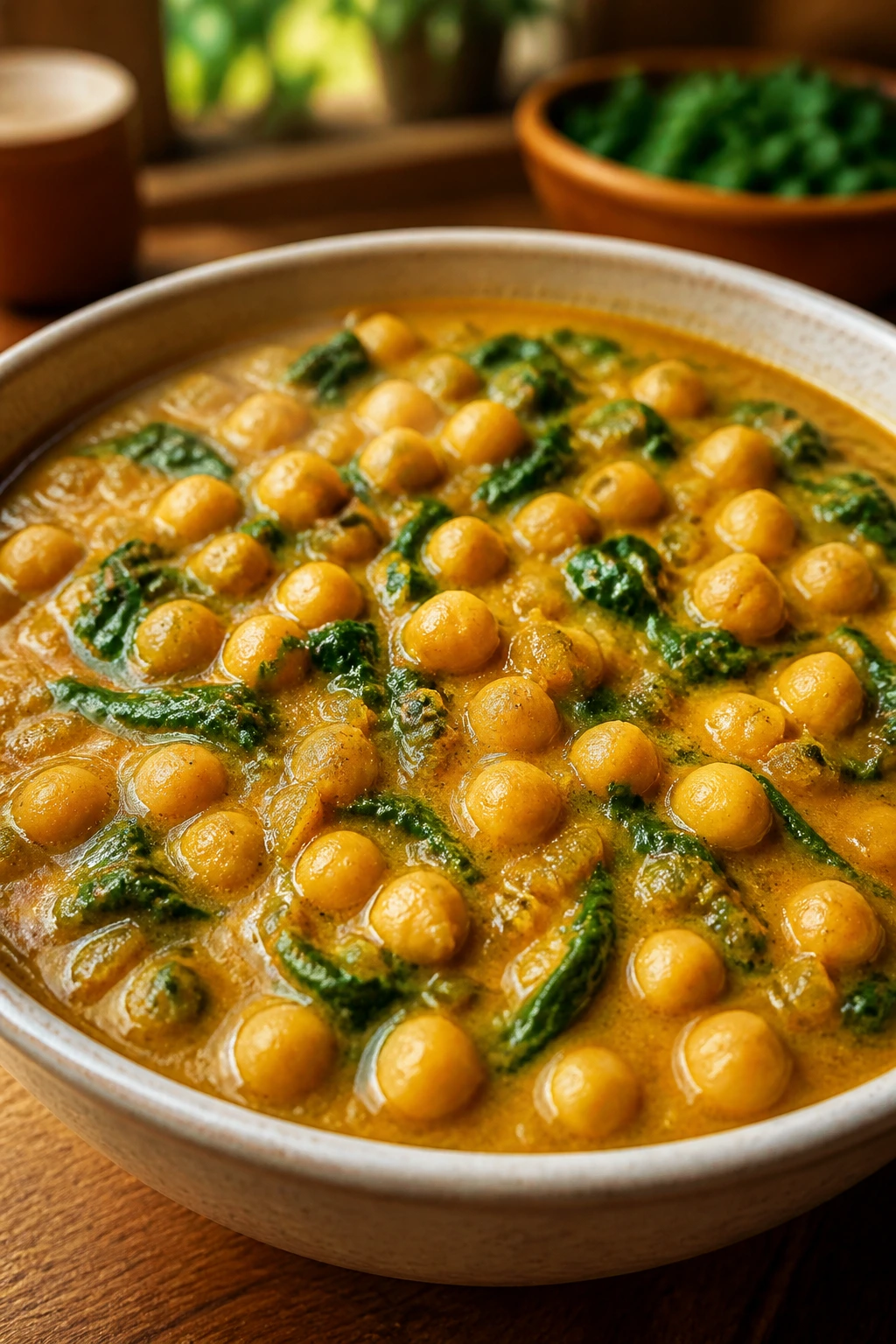Close-up of chickpea curry with spinach in a cozy kitchen