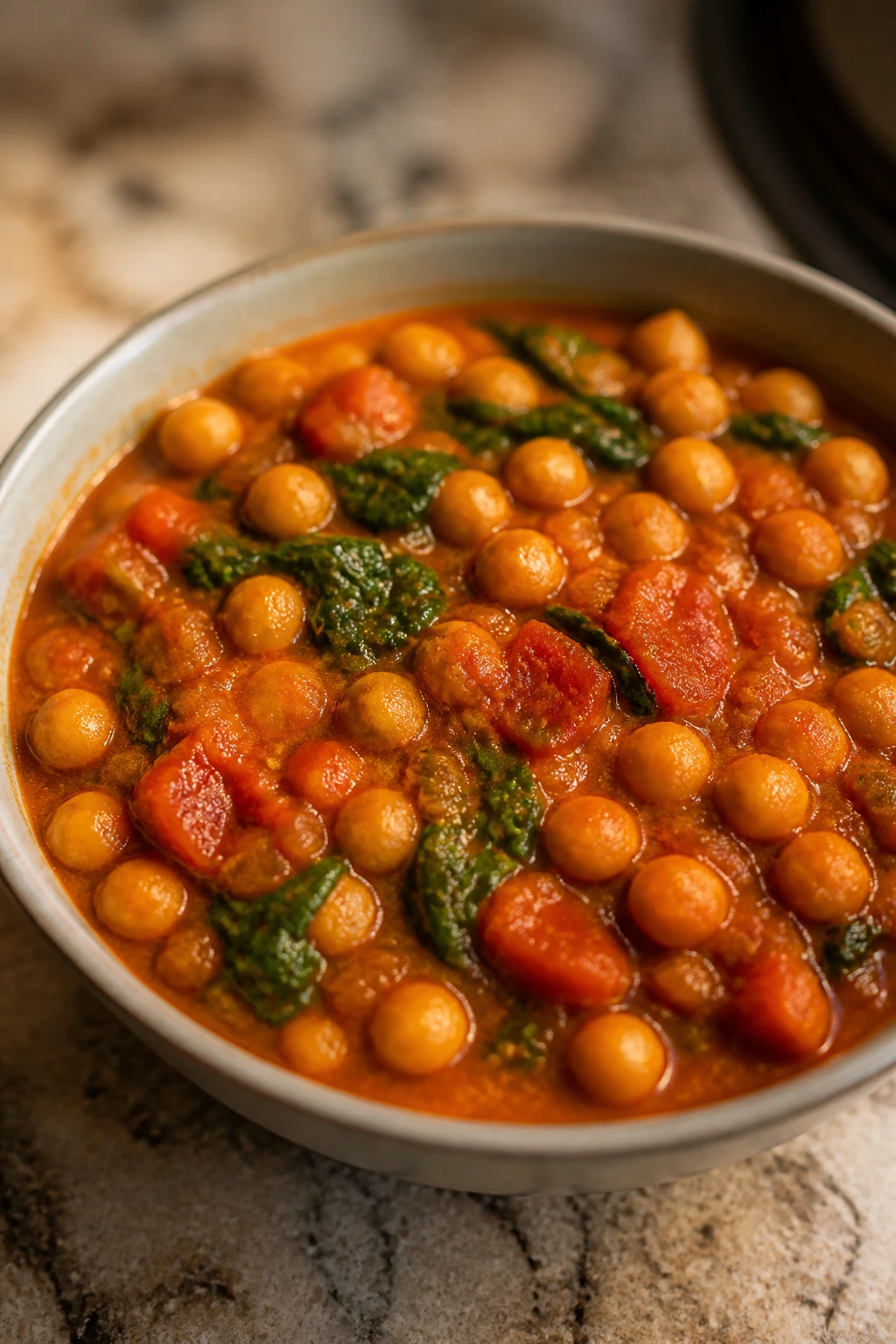 Chickpea tomato curry in a bowl on a kitchen counter