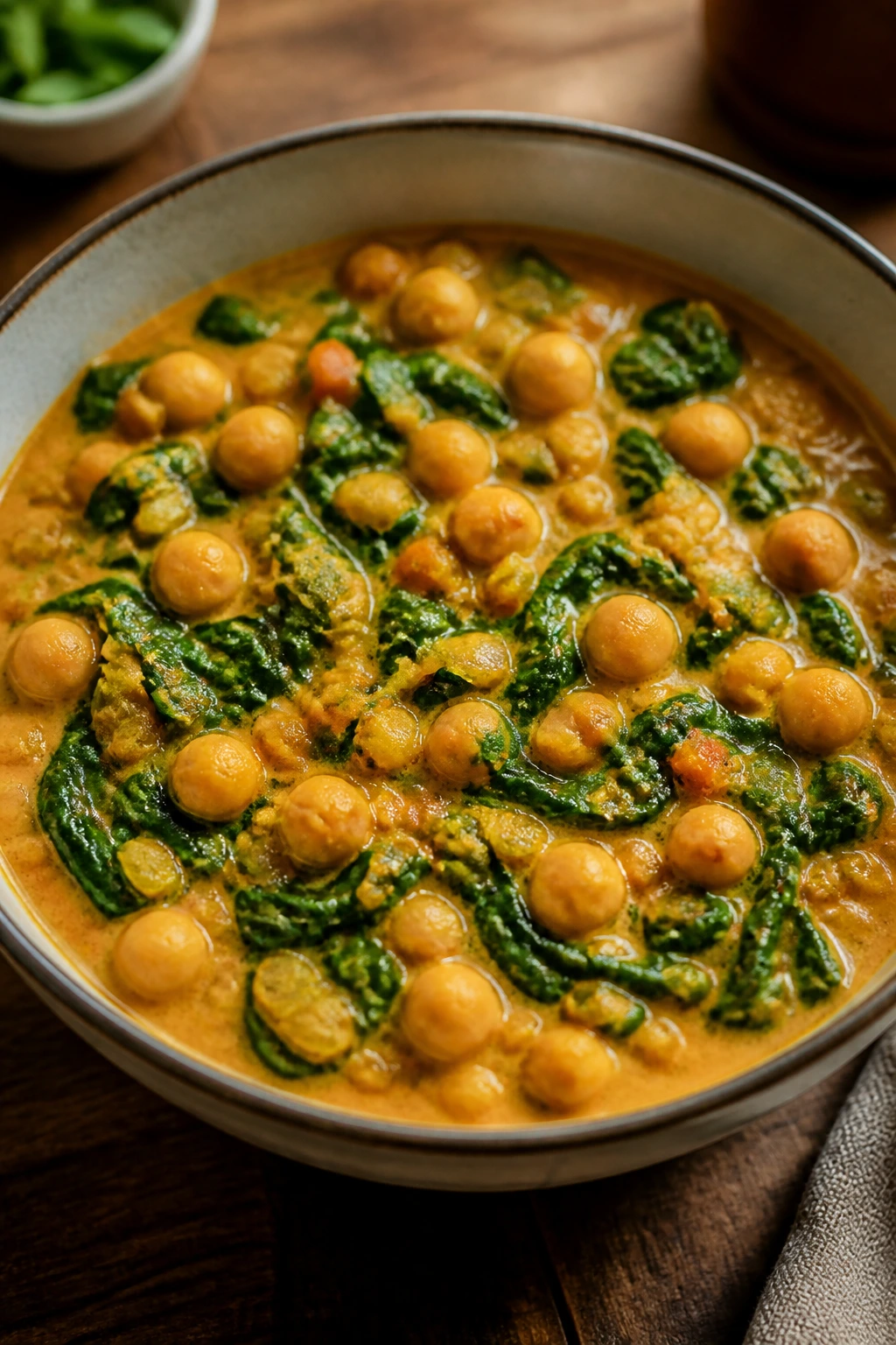 Chickpea spinach coconut curry in a warm bowl